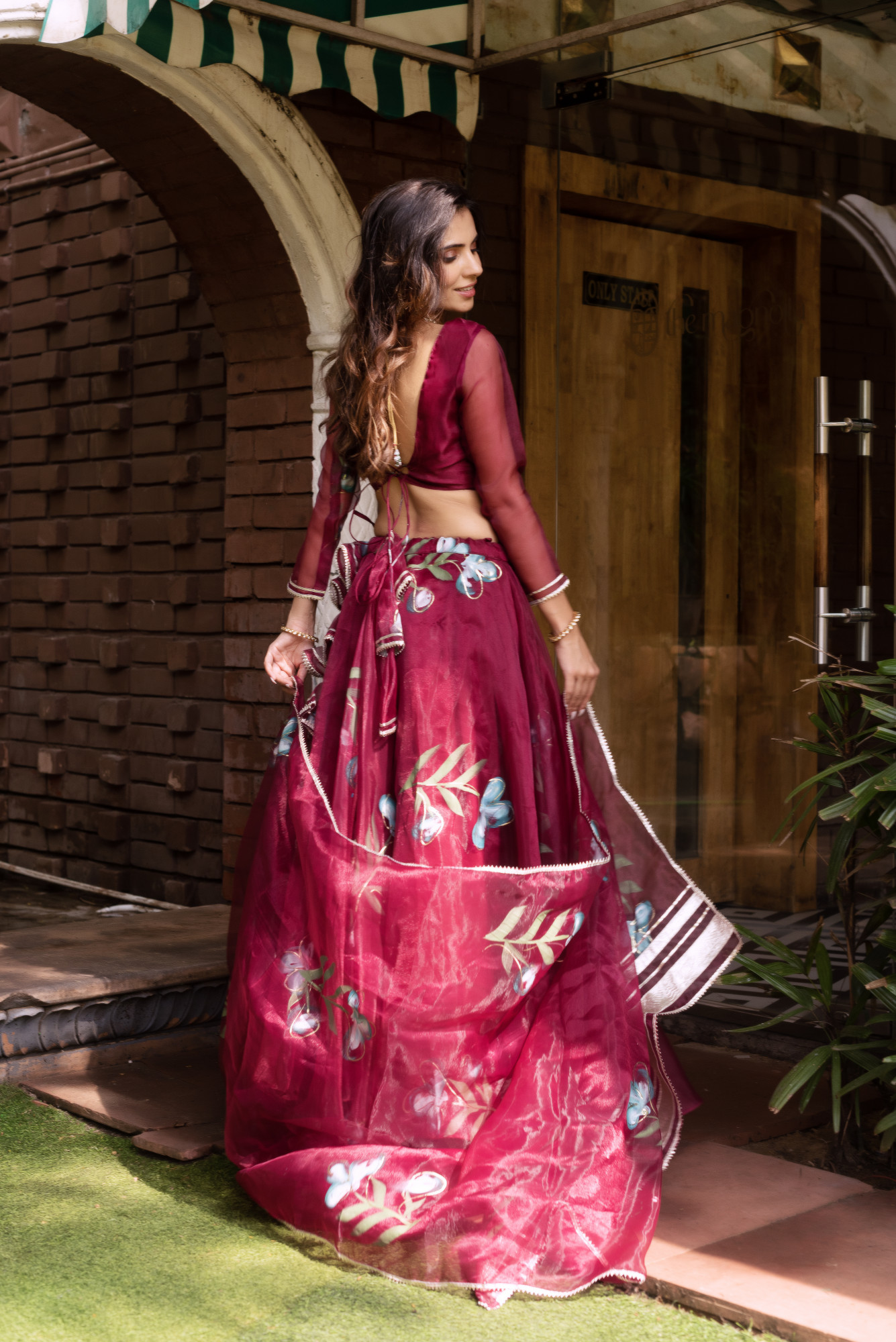 Wine Handpainted Organza Lehenga Set