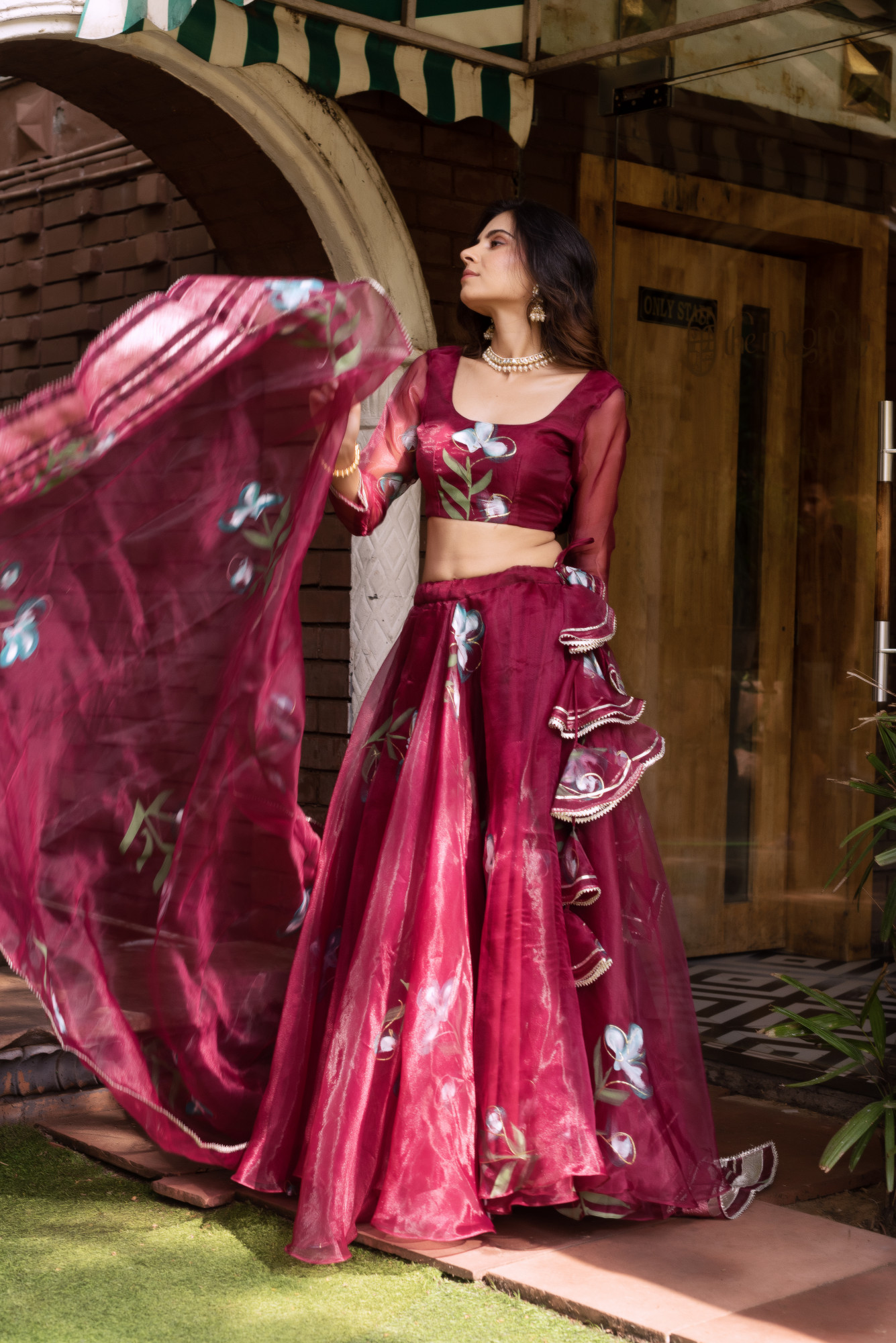 Wine Handpainted Organza Lehenga Set