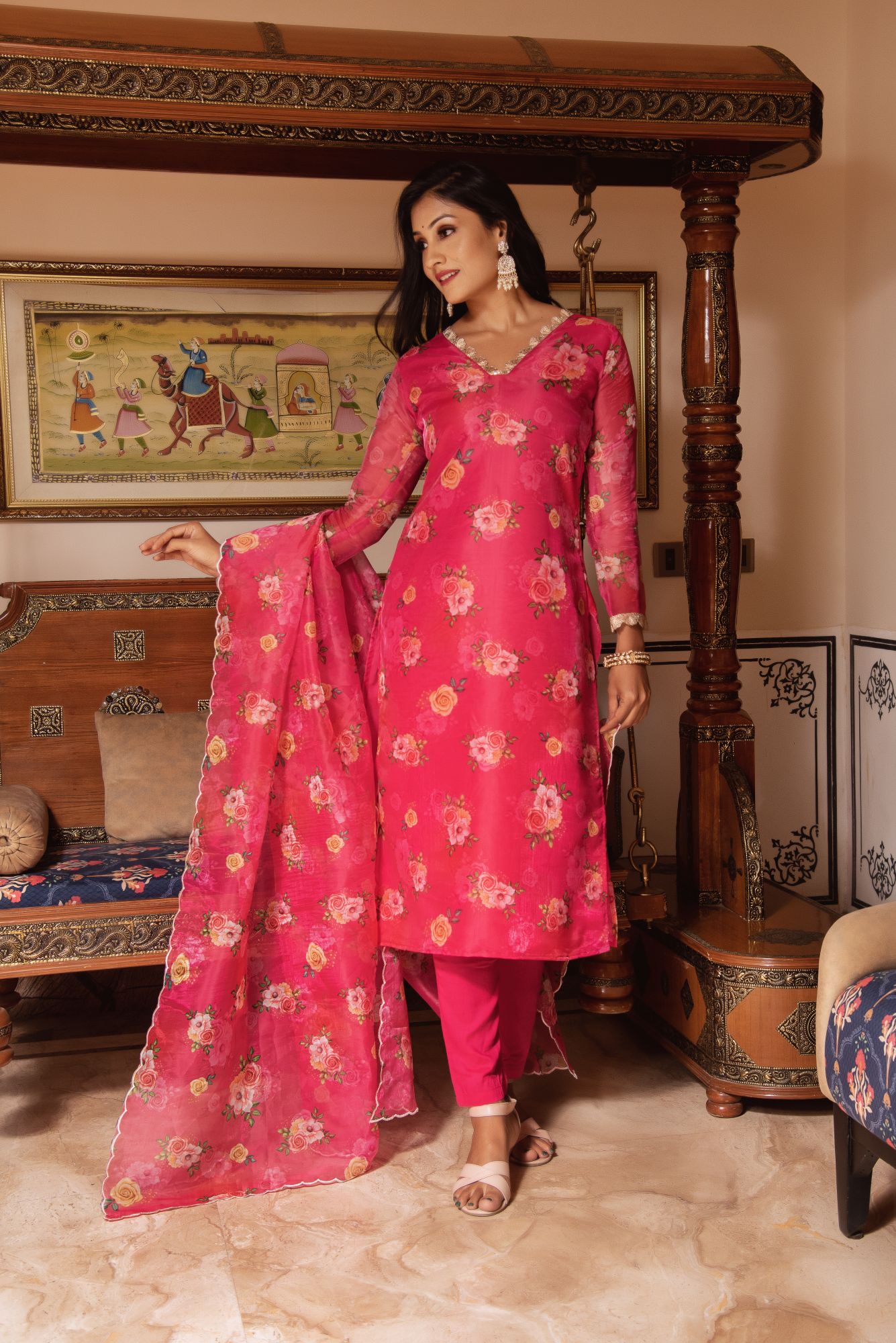 Pink Sequined Organza Straight Suit Set