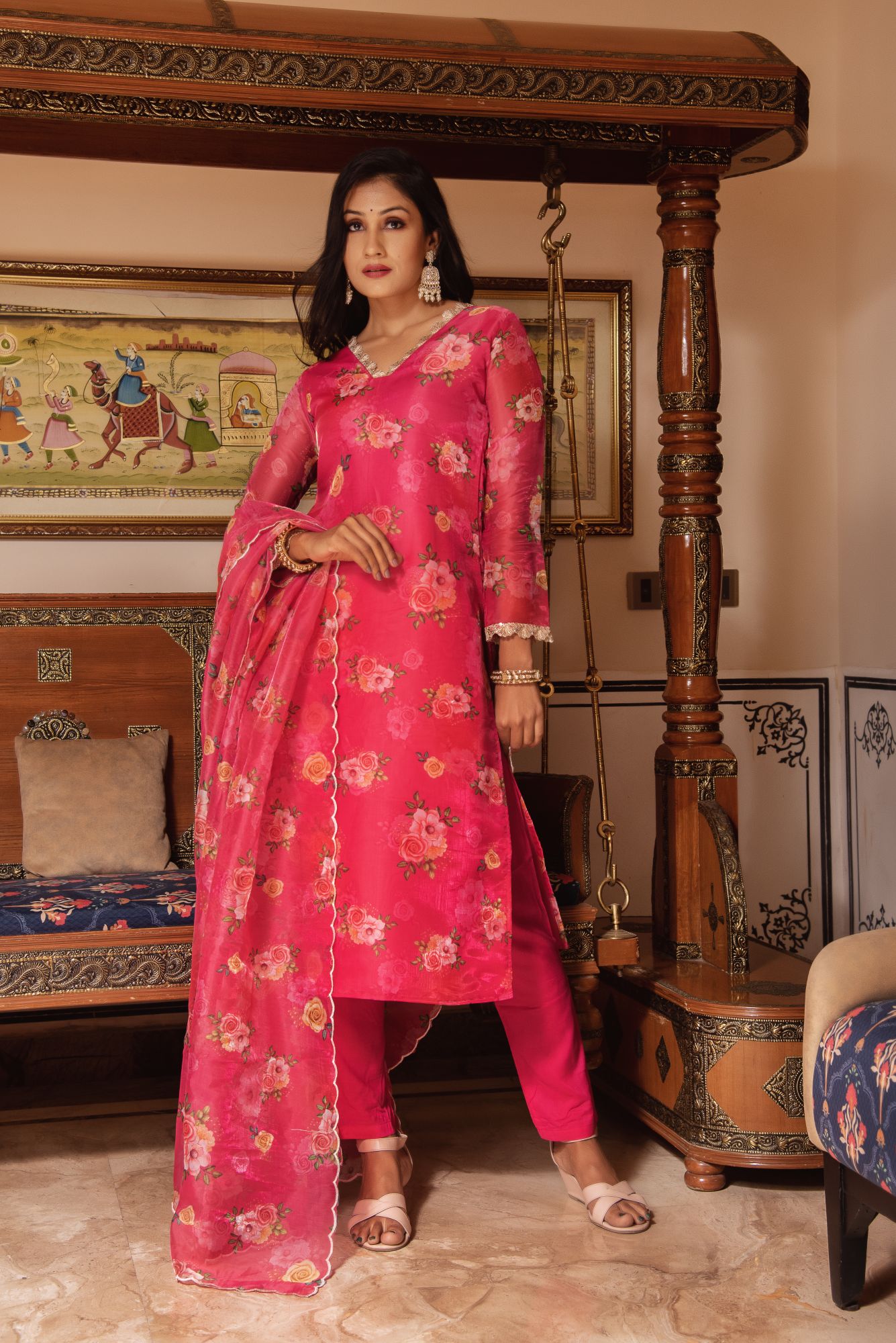 Pink Sequined Organza Straight Suit Set