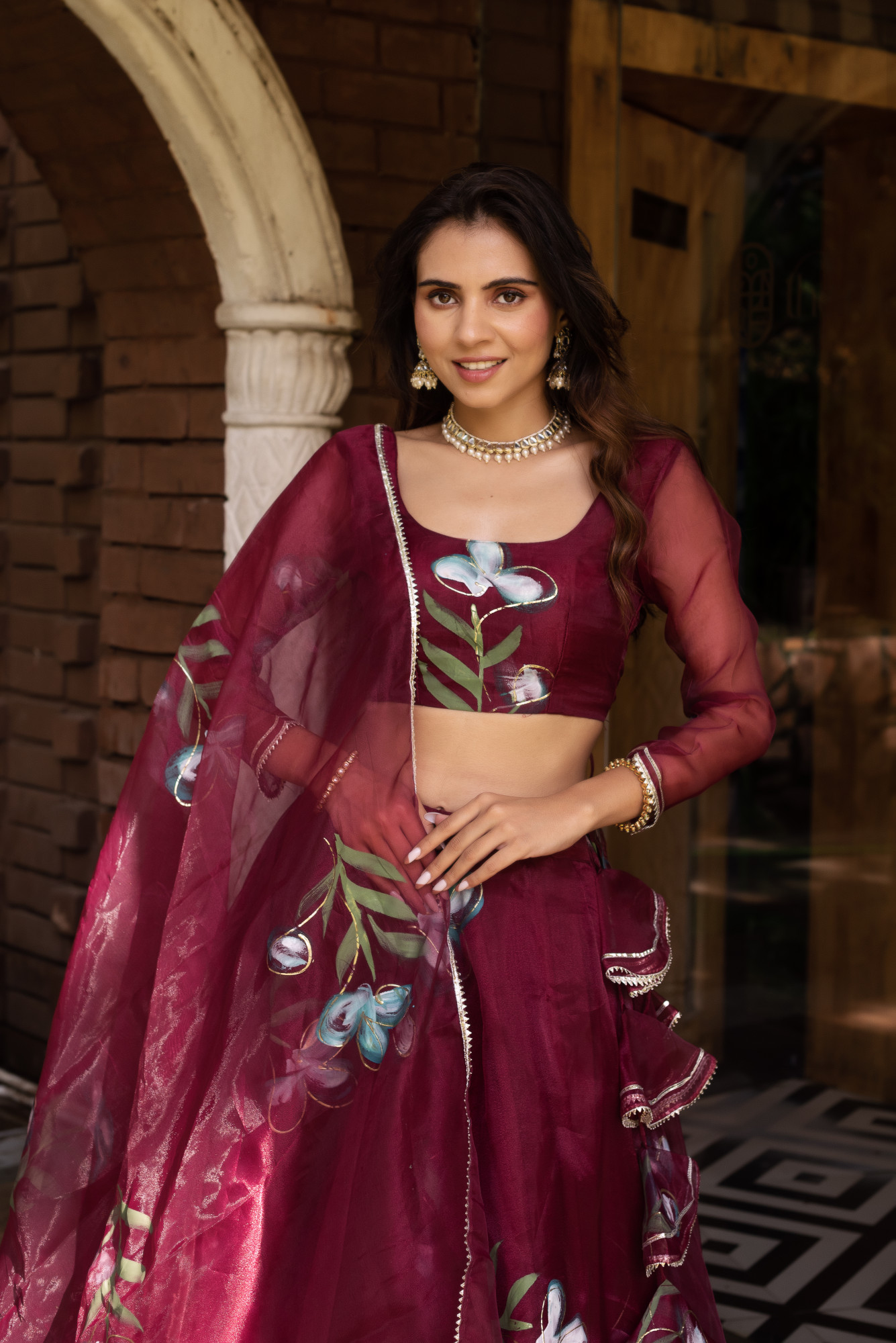 Wine Handpainted Organza Lehenga Set