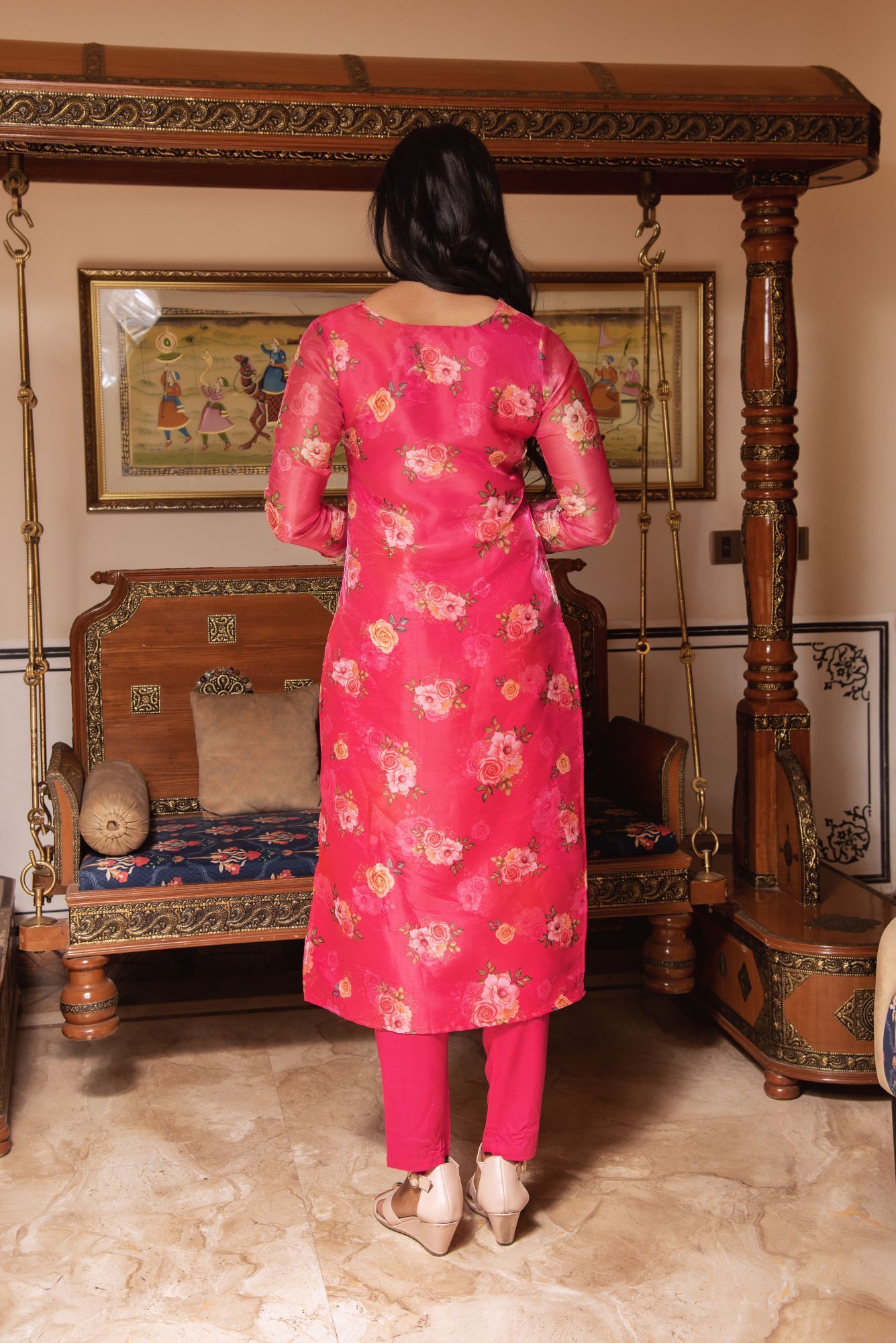 Pink Sequined Organza Straight Suit Set
