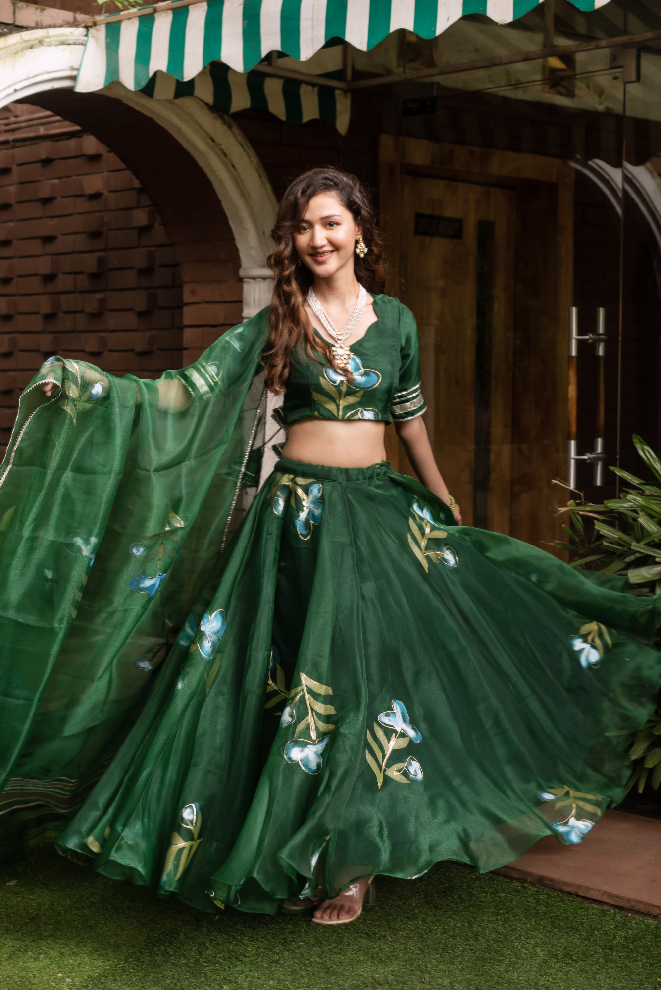 Bottle Green Handpainted Organza Lehenga Set