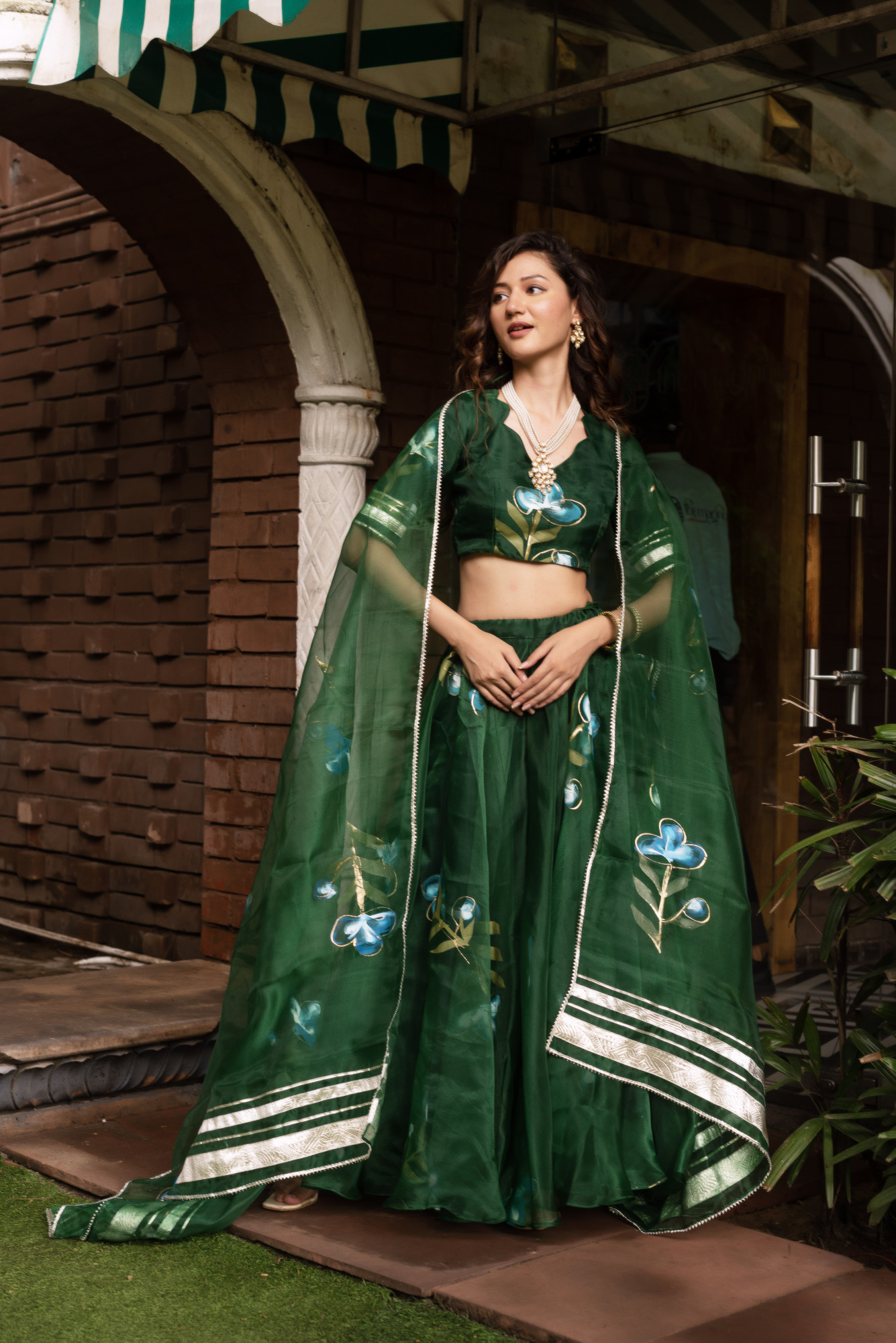 Bottle Green Handpainted Organza Lehenga Set