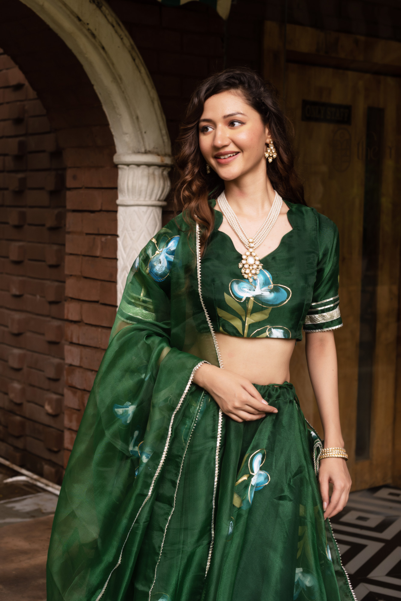 Bottle Green Handpainted Organza Lehenga Set