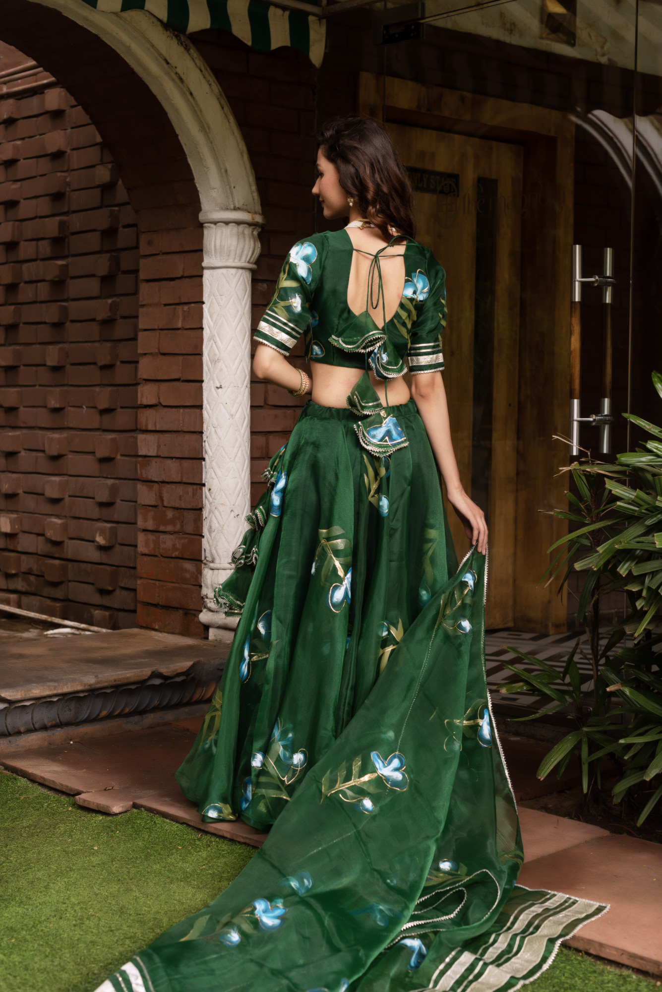 Bottle Green Handpainted Organza Lehenga Set