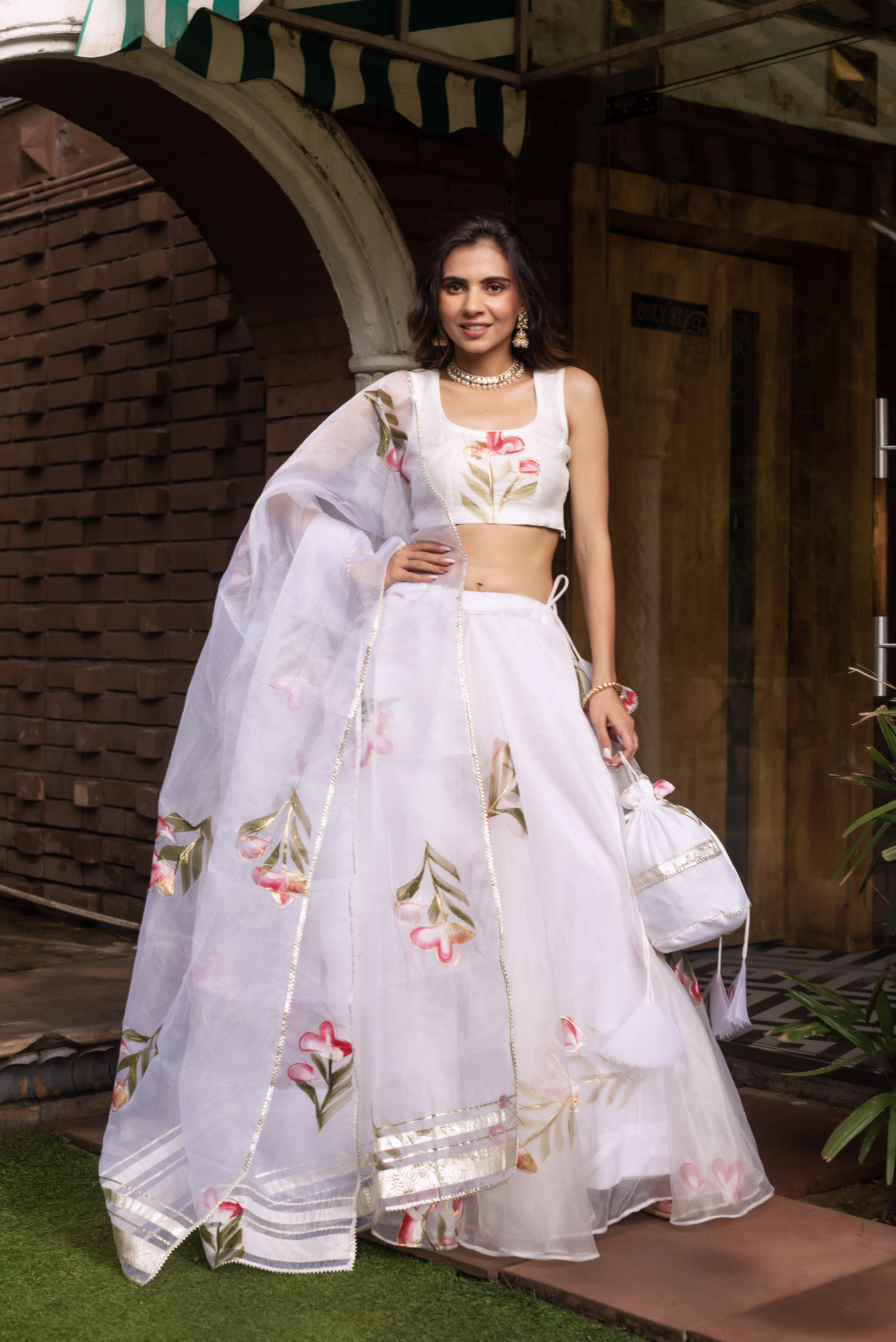 White Handpainted Organza Lehenga Set