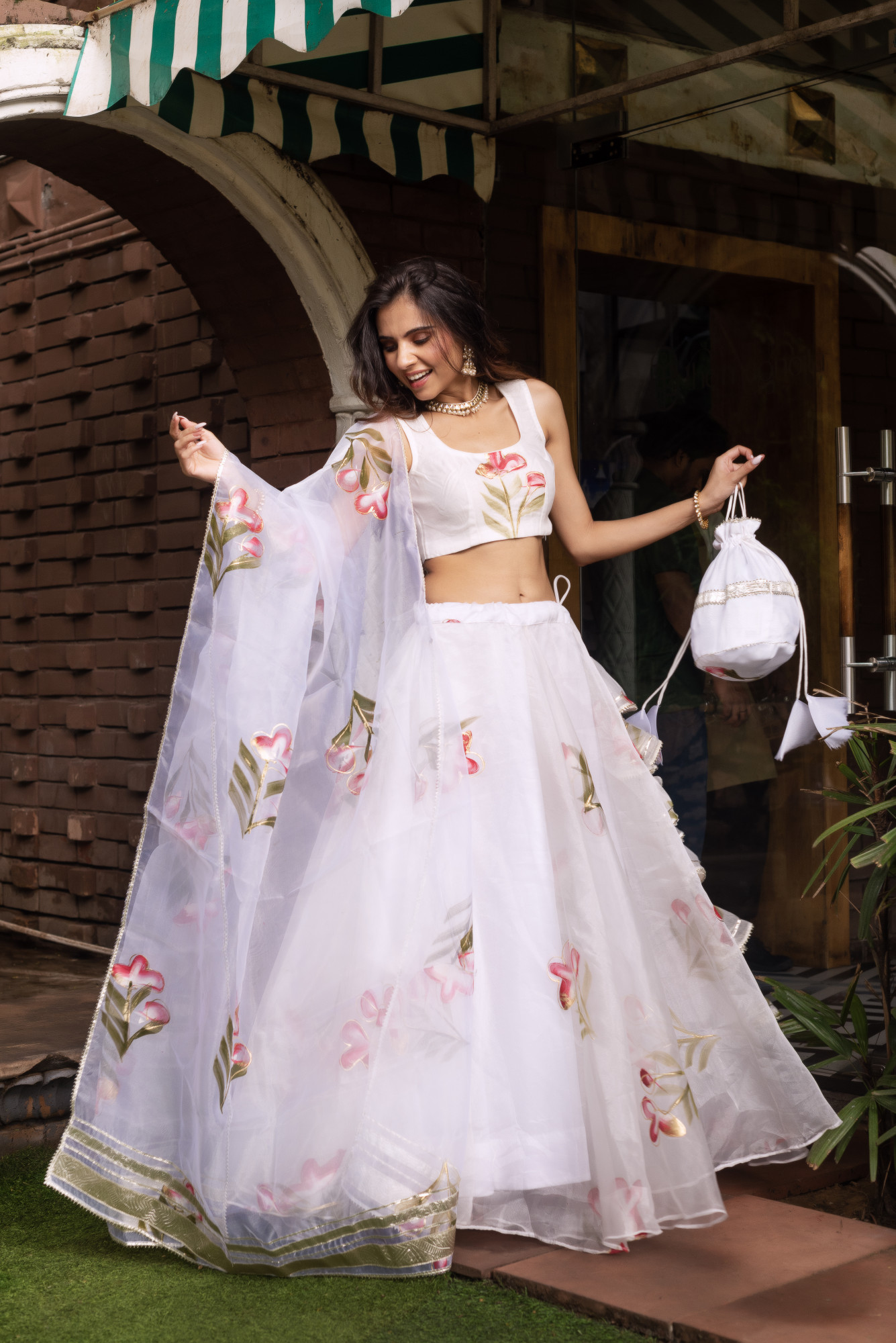 White Handpainted Organza Lehenga Set