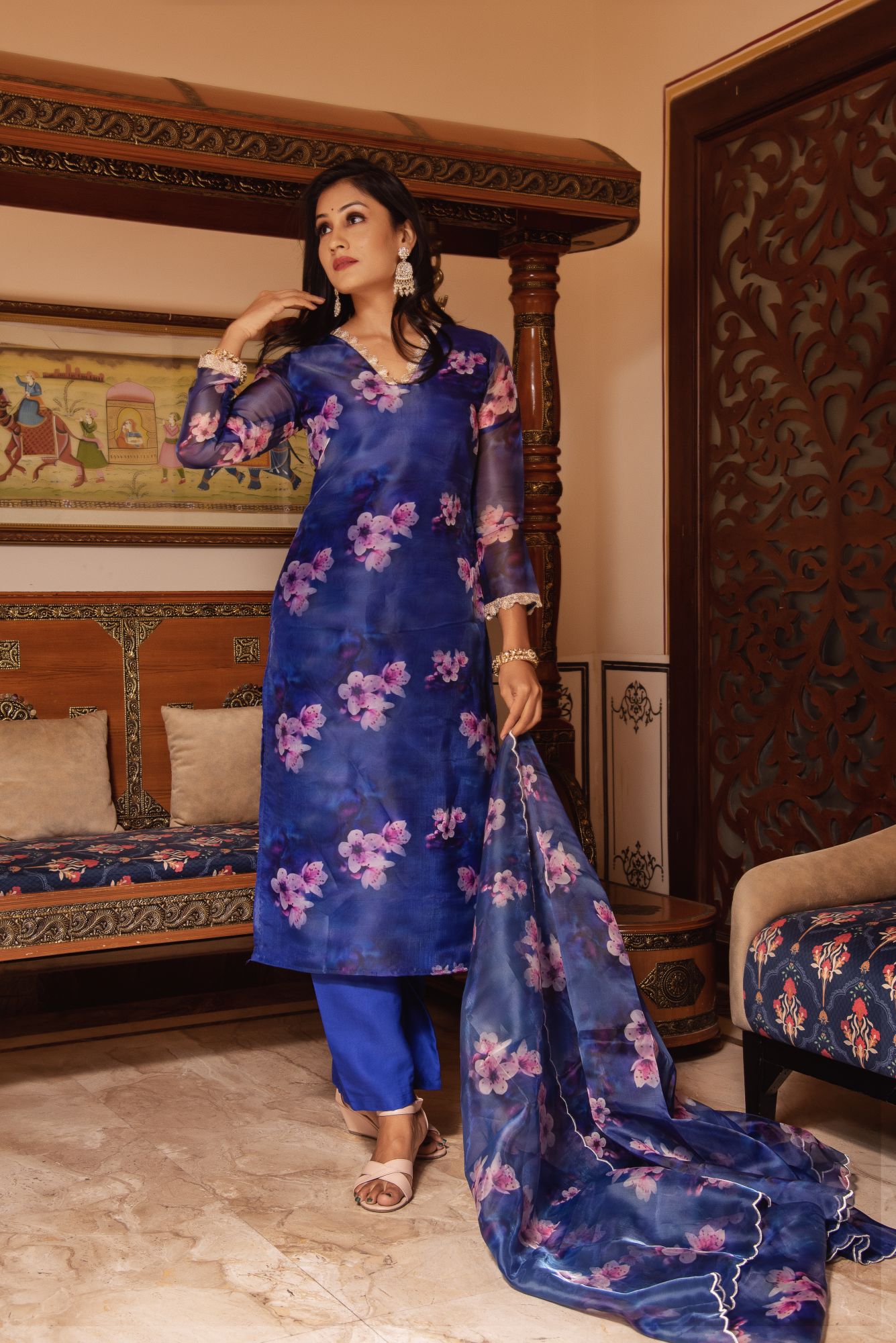 Blue Sequined Organza Straight Suit Set