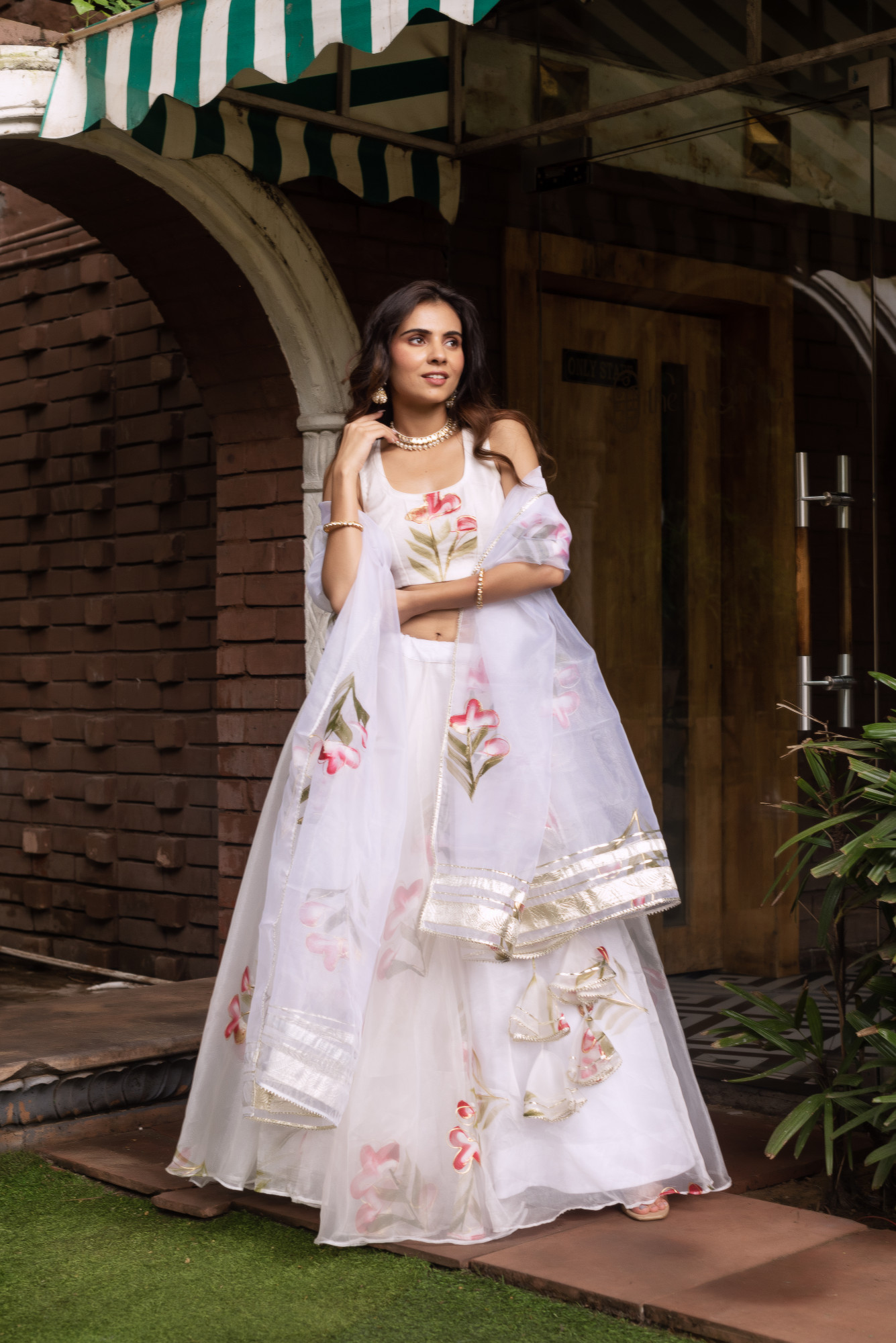 White Handpainted Organza Lehenga Set