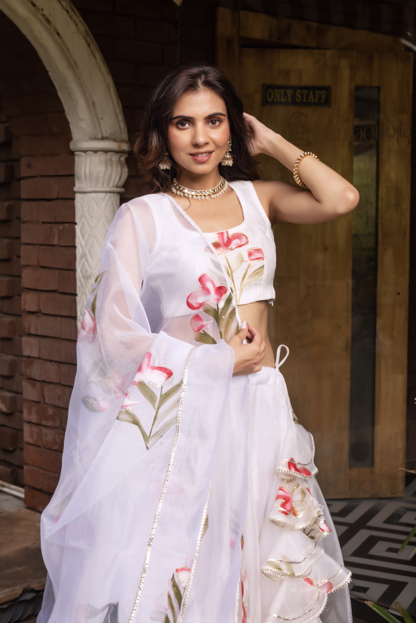 White Handpainted Organza Lehenga Set
