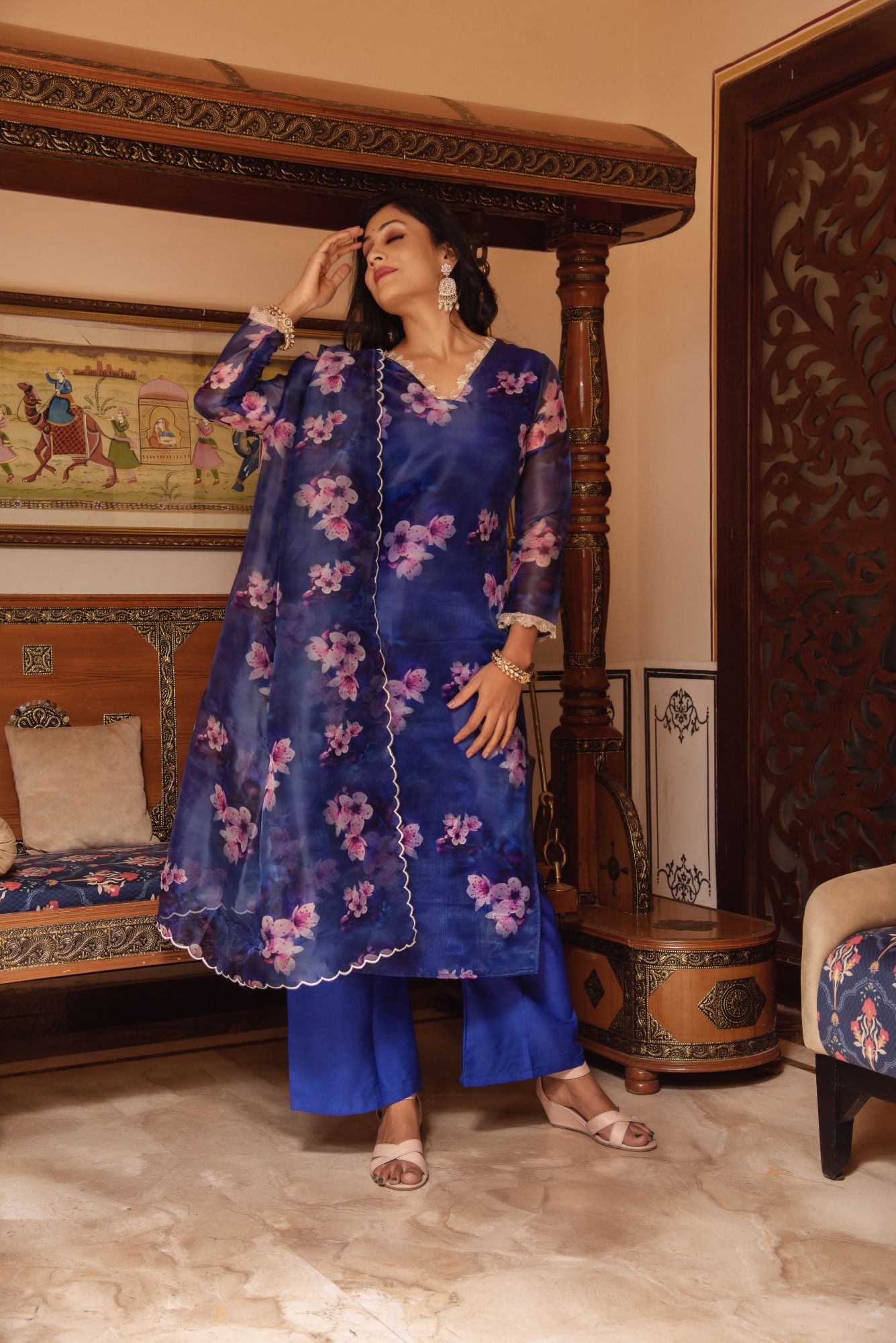 Blue Sequined Organza Straight Suit Set