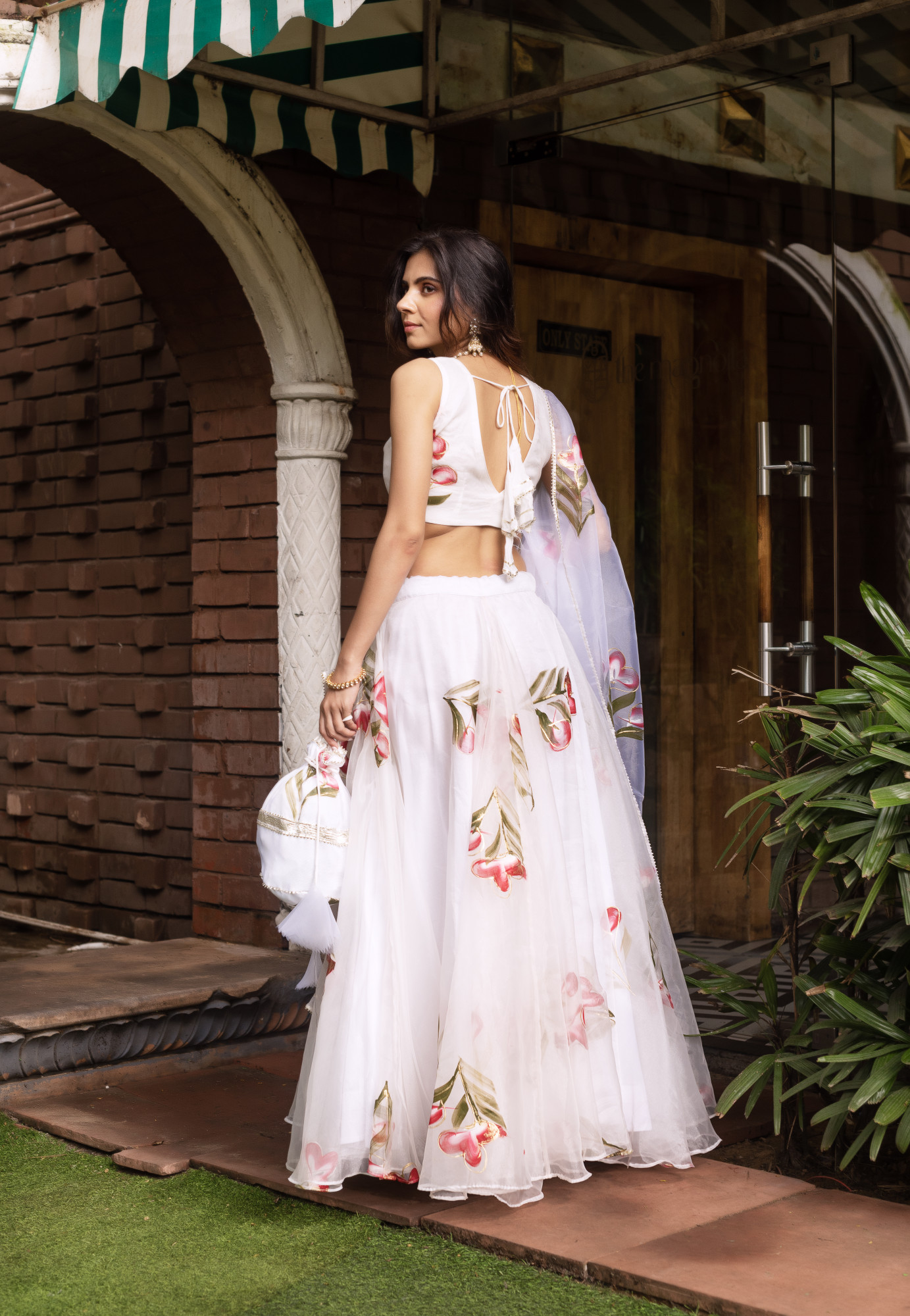 White Handpainted Organza Lehenga Set