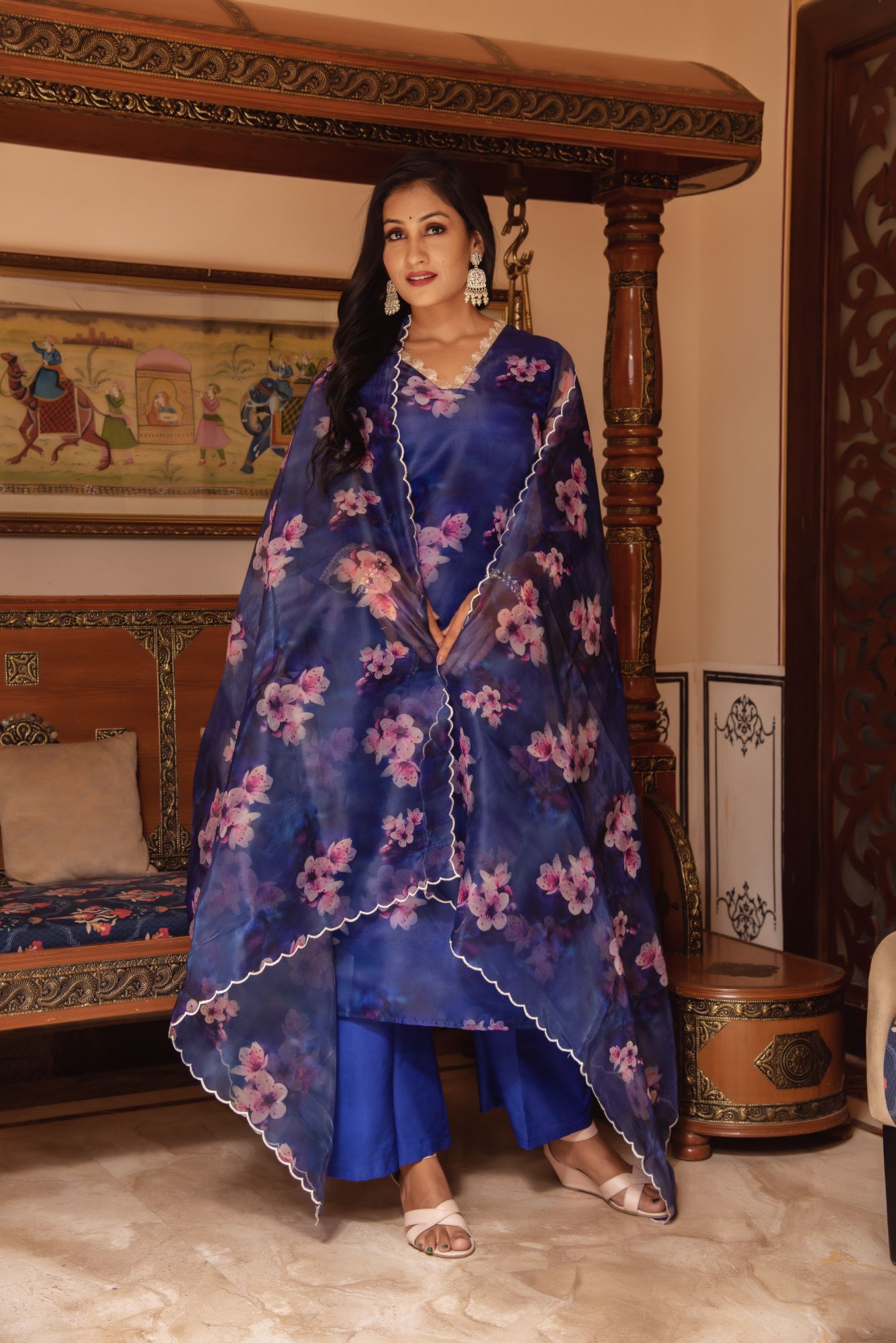 Blue Sequined Organza Straight Suit Set