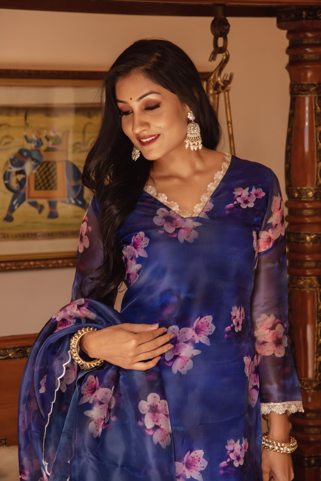 Blue Sequined Organza Straight Suit Set