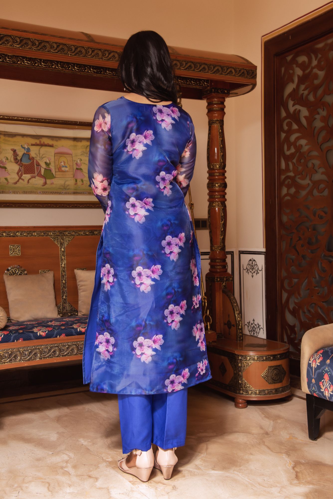 Blue Sequined Organza Straight Suit Set