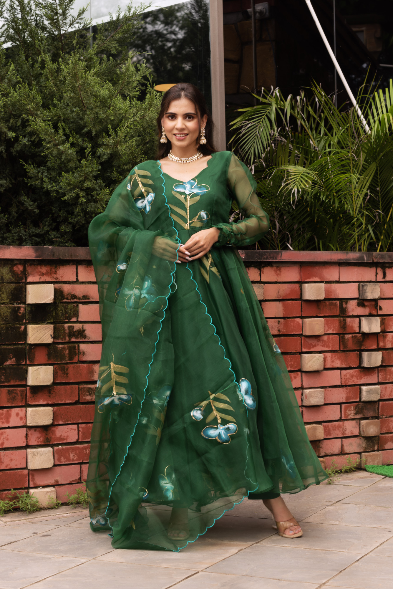 Forest Green Handpainted Organza Anarkali Suit Set