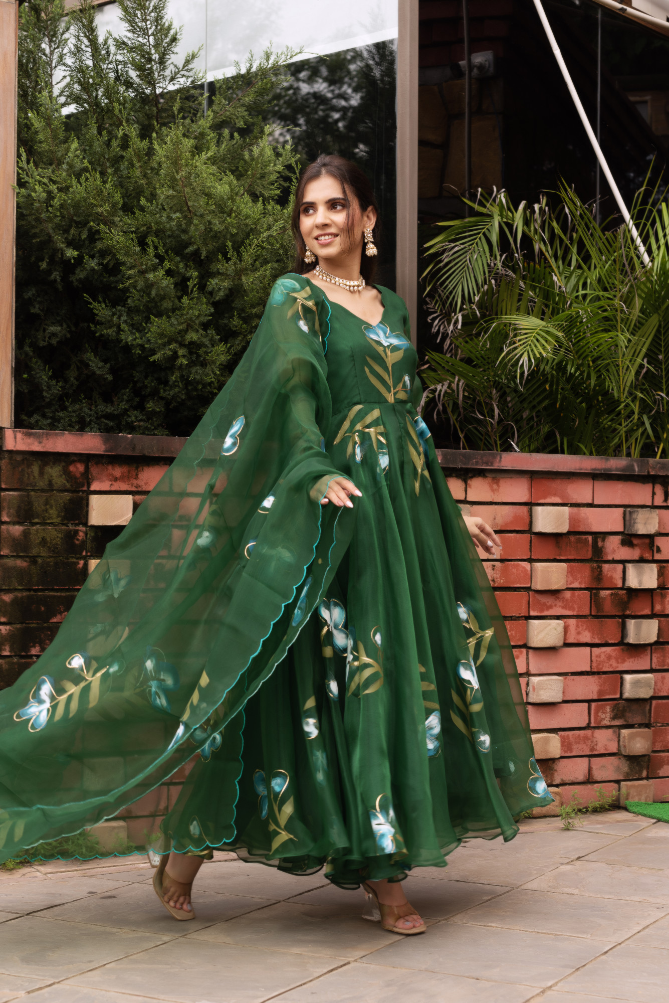 Forest Green Handpainted Organza Anarkali Suit Set