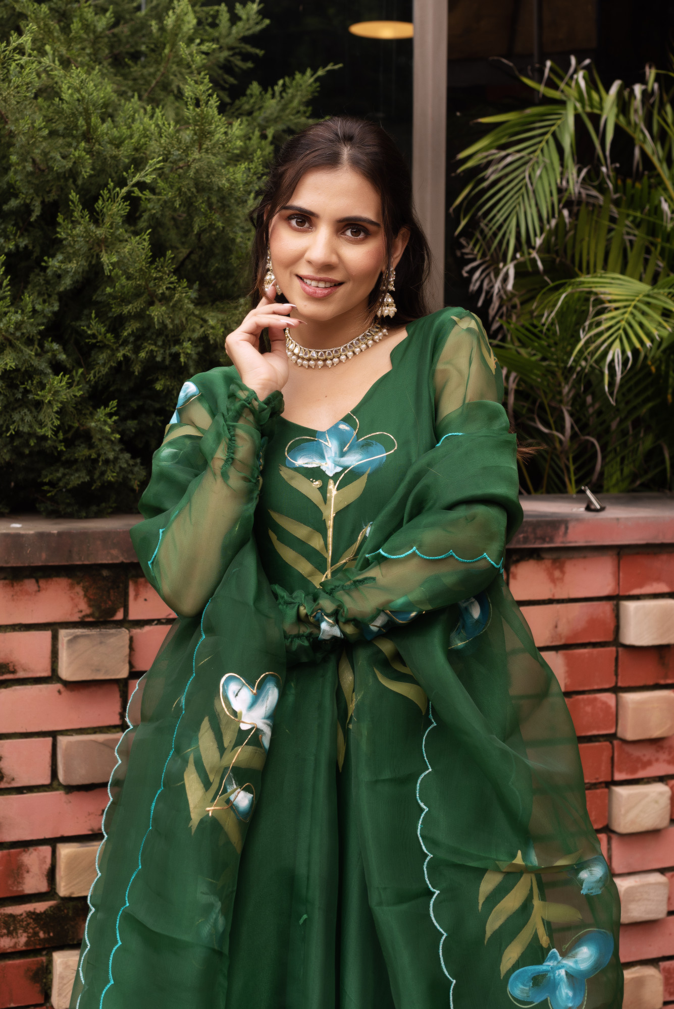 Forest Green Handpainted Organza Anarkali Suit Set