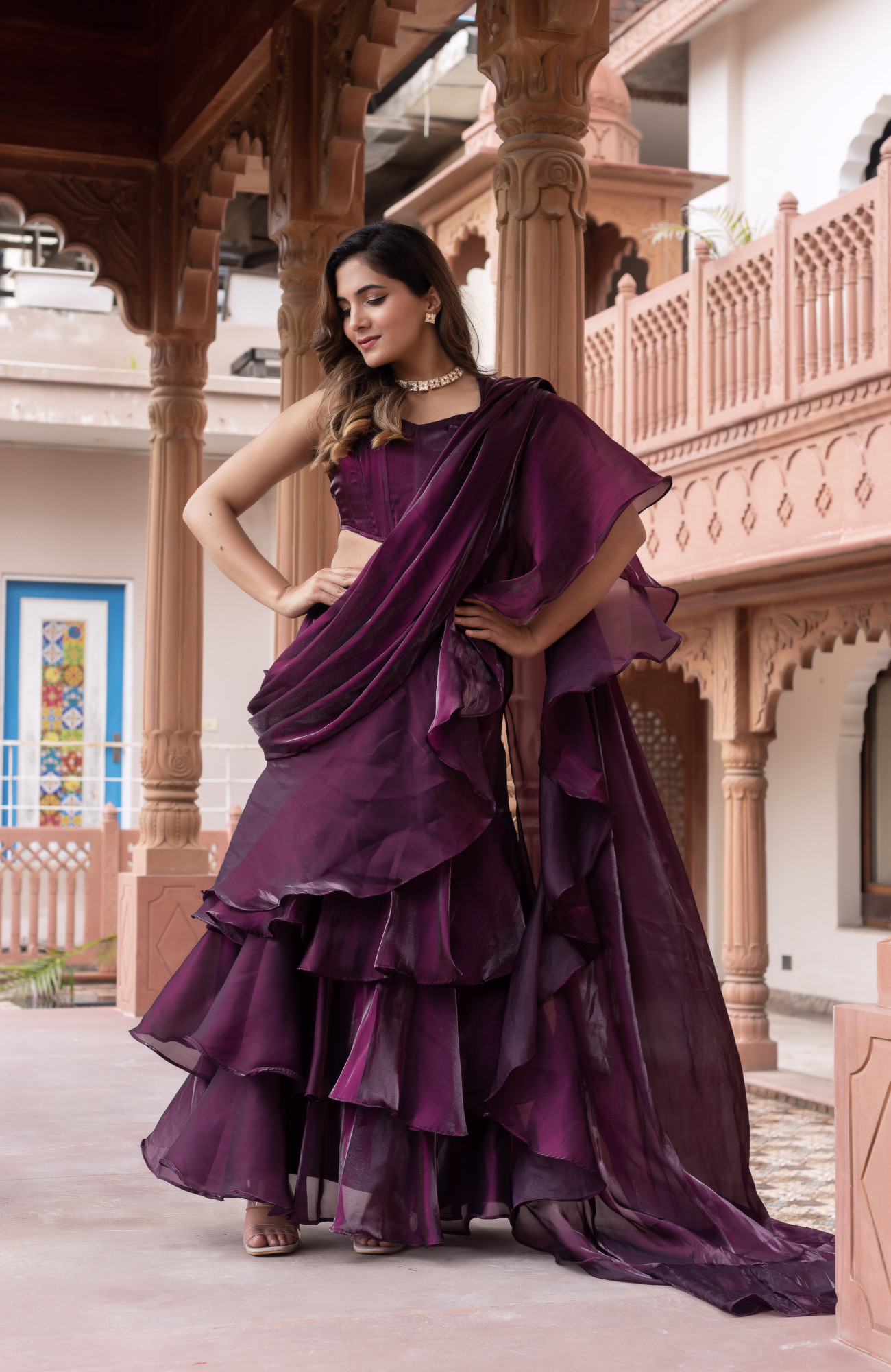 Wine Corset Ruffle Saree