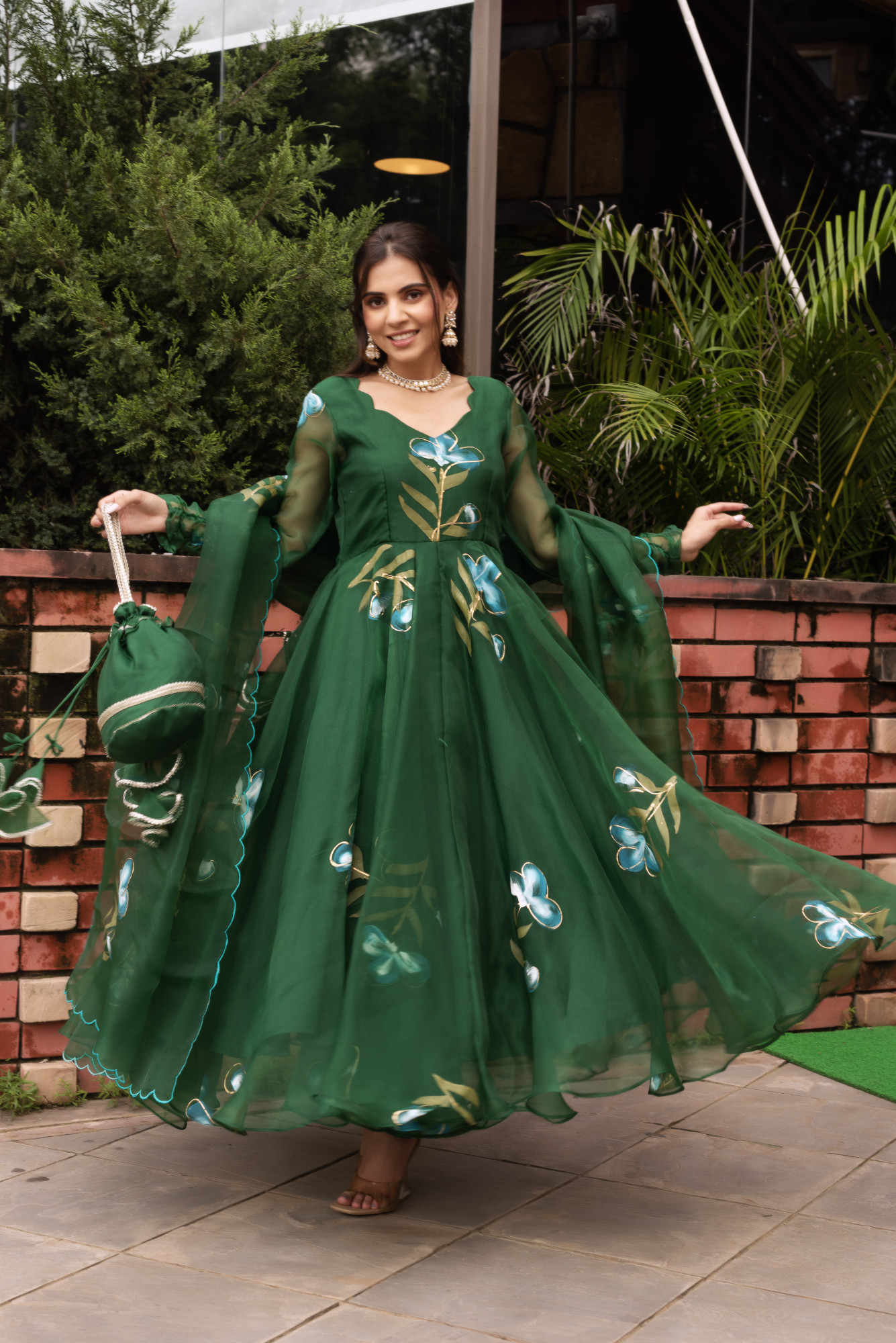 Forest Green Handpainted Organza Anarkali Suit Set