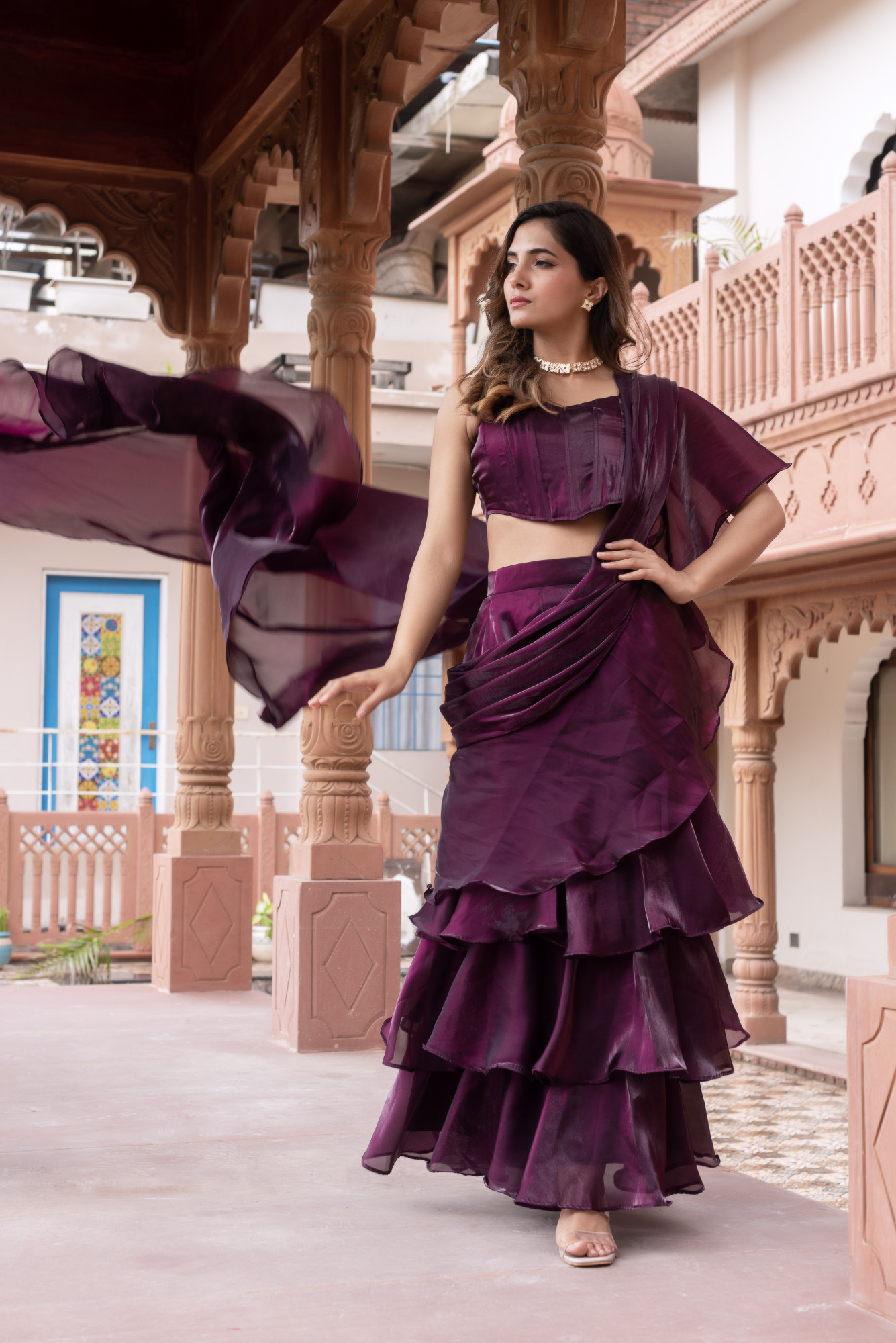 Wine Corset Ruffle Saree
