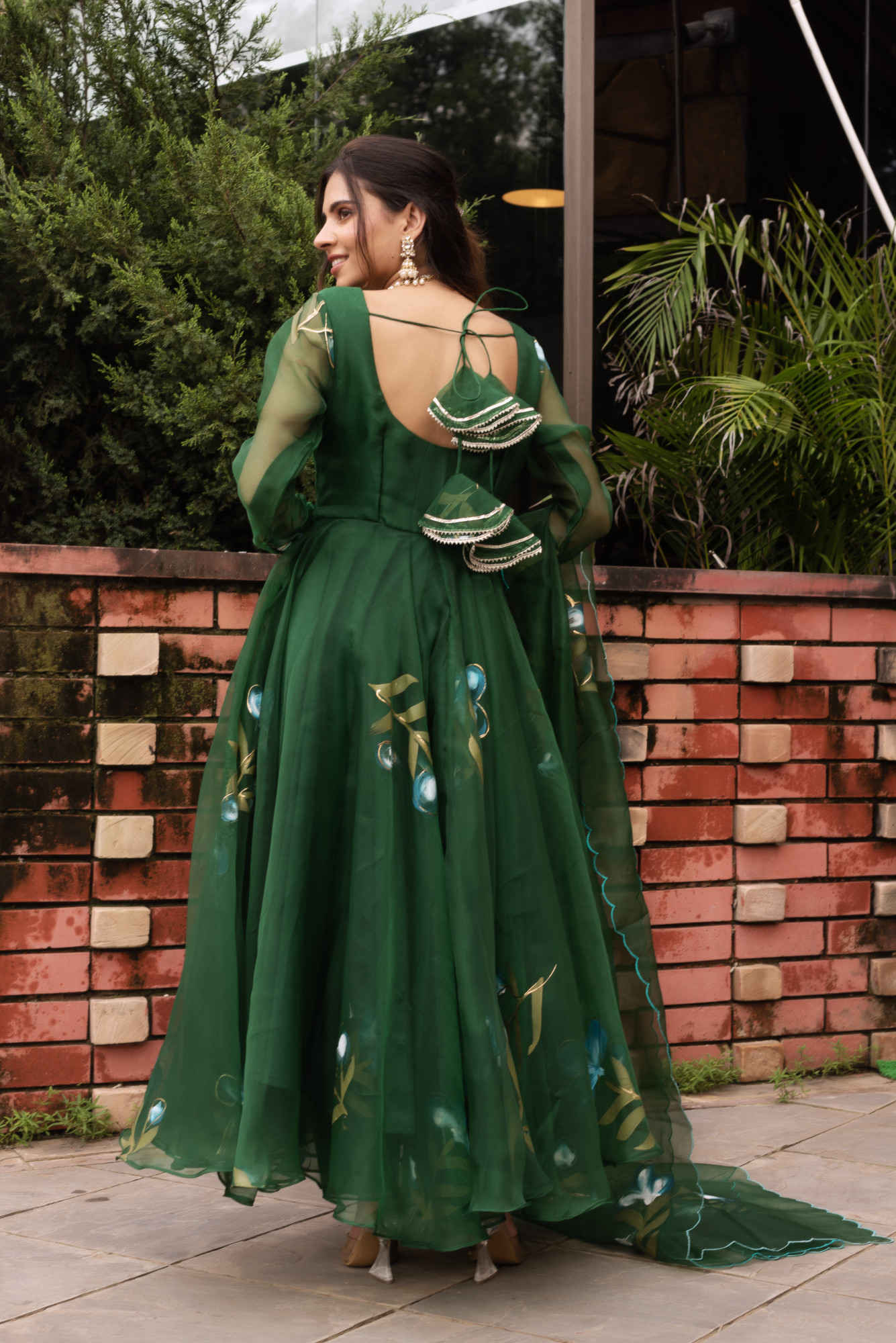 Forest Green Handpainted Organza Anarkali Suit Set