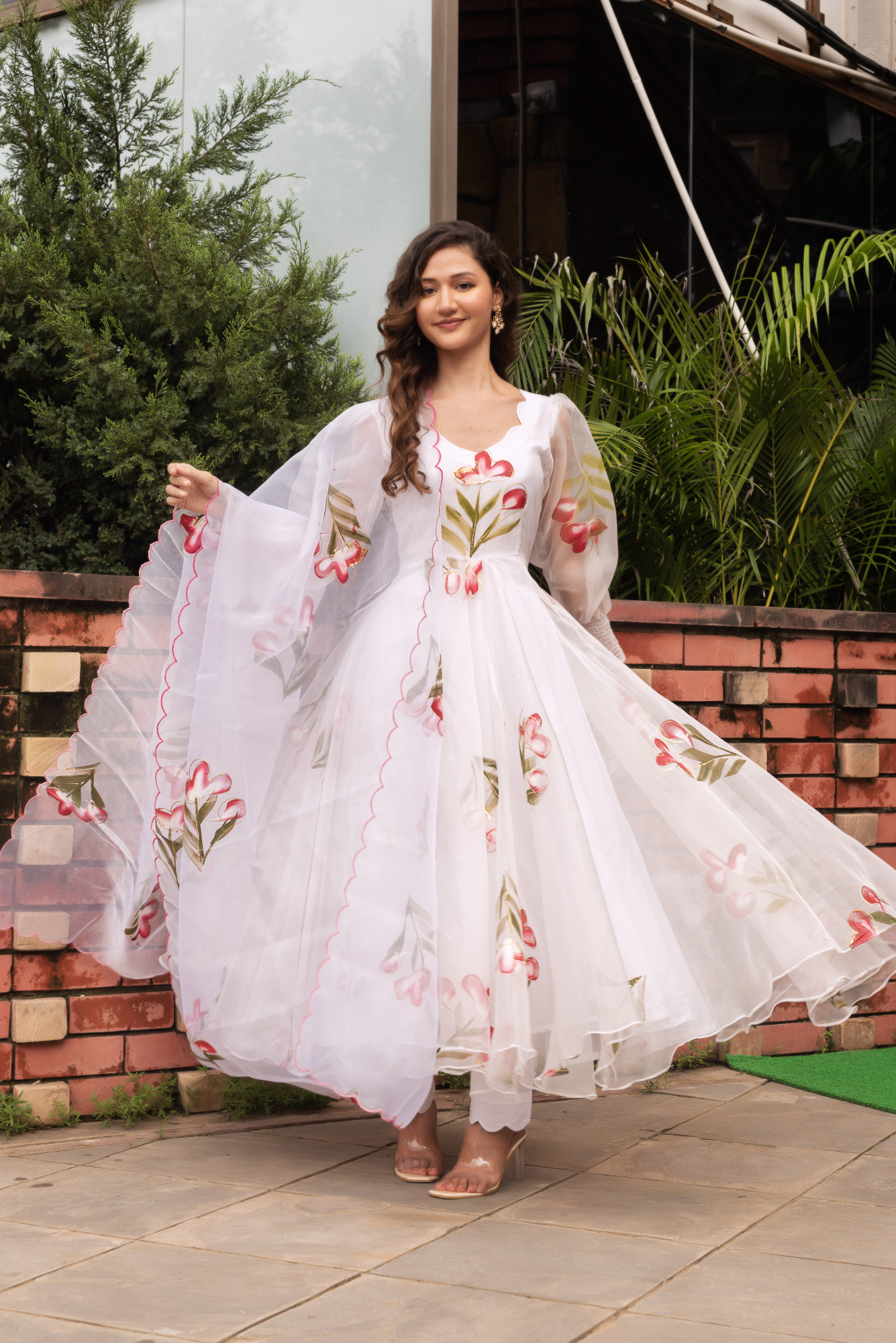 Snow White Handpainted Organza Anarkali Suit Set