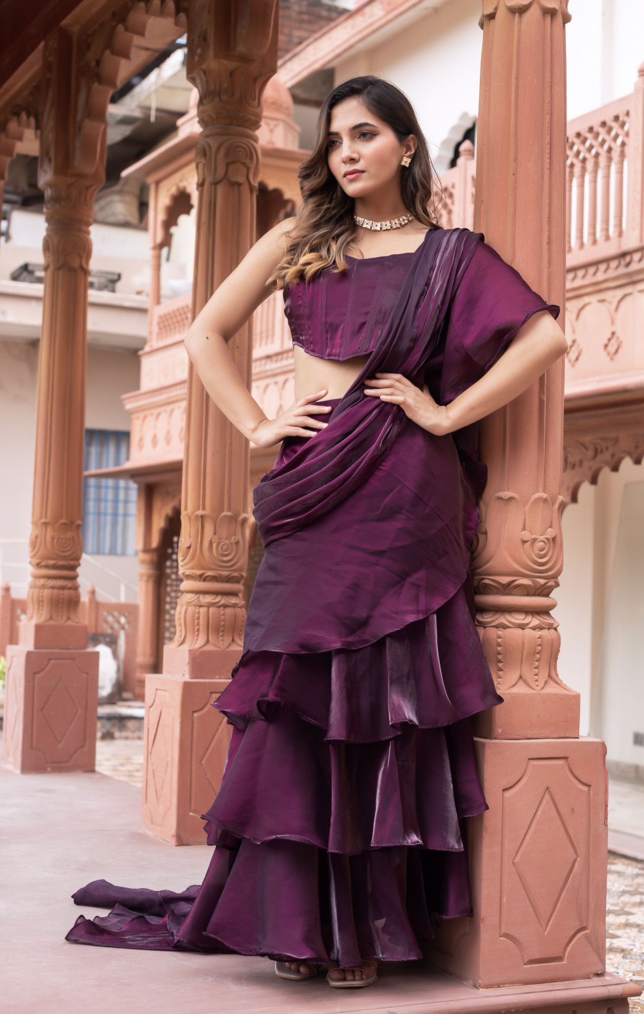 Wine Corset Ruffle Saree