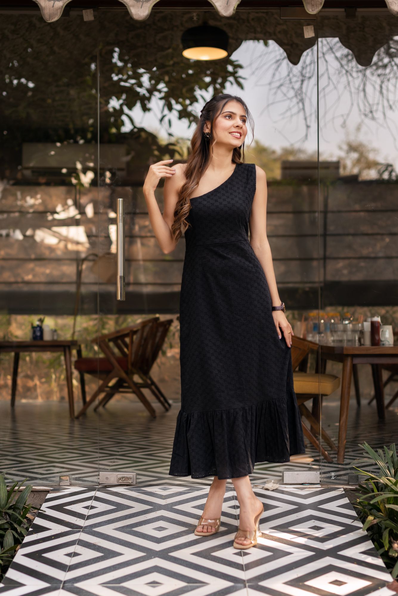 Black Schiffli One Shoulder Cotton Dress