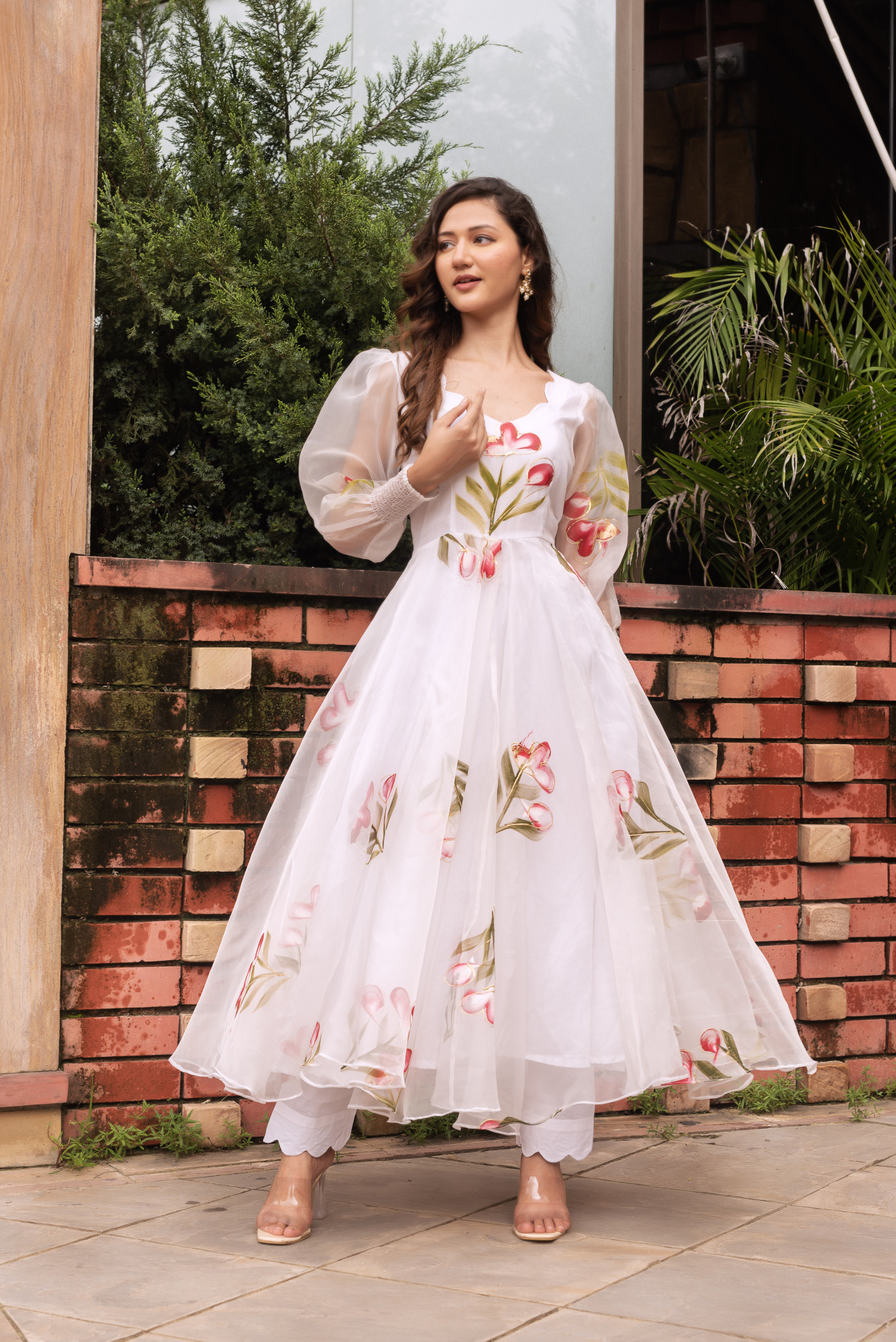 Snow White Handpainted Organza Anarkali Suit Set