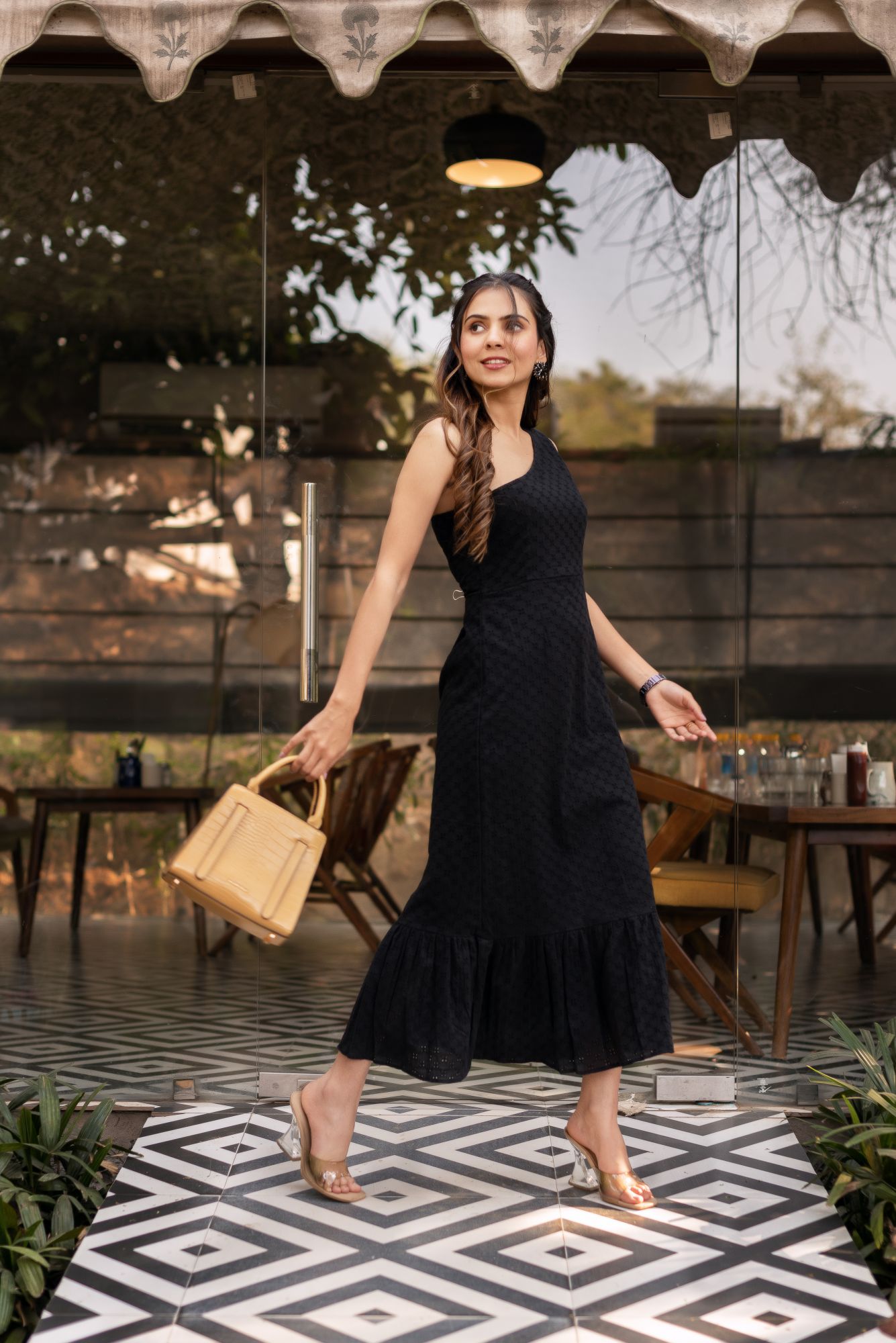 Black Schiffli One Shoulder Cotton Dress