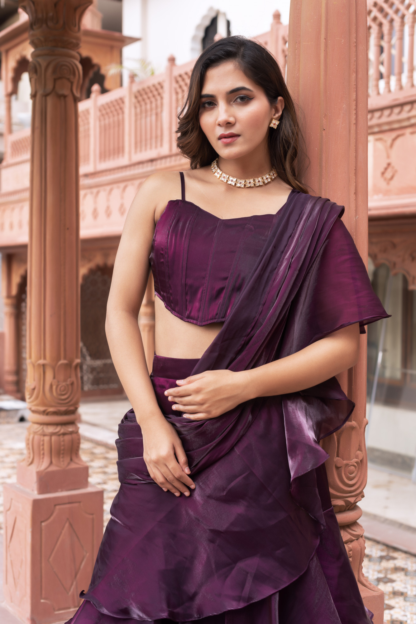 Wine Corset Ruffle Saree