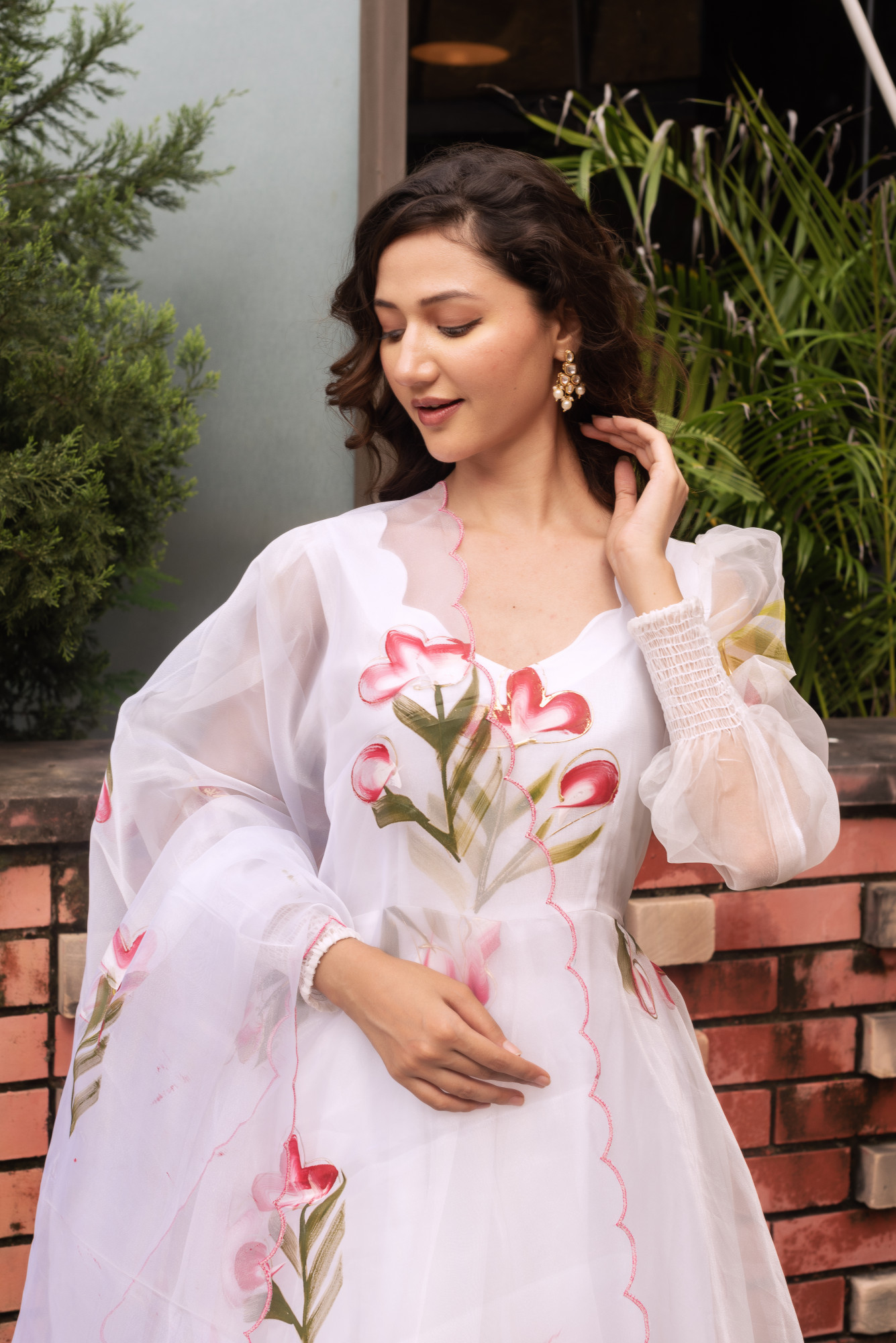 Snow White Handpainted Organza Anarkali Suit Set