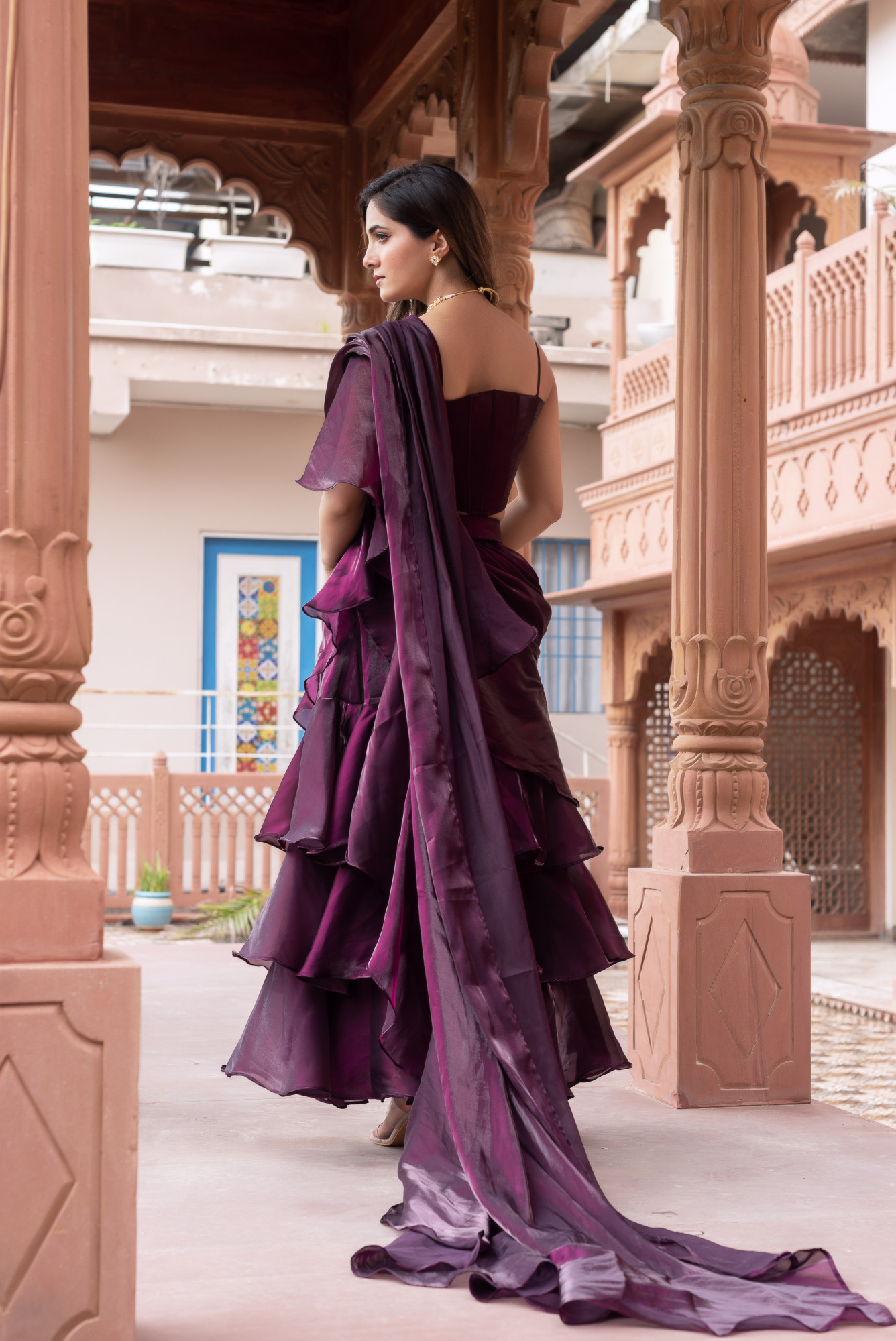 Wine Corset Ruffle Saree