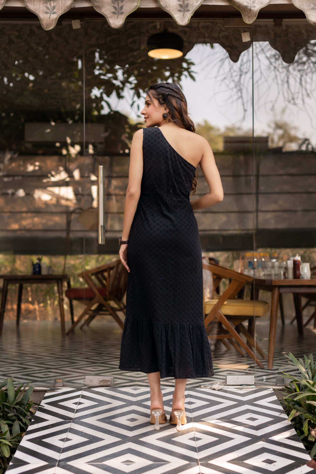 Black Schiffli One Shoulder Cotton Dress