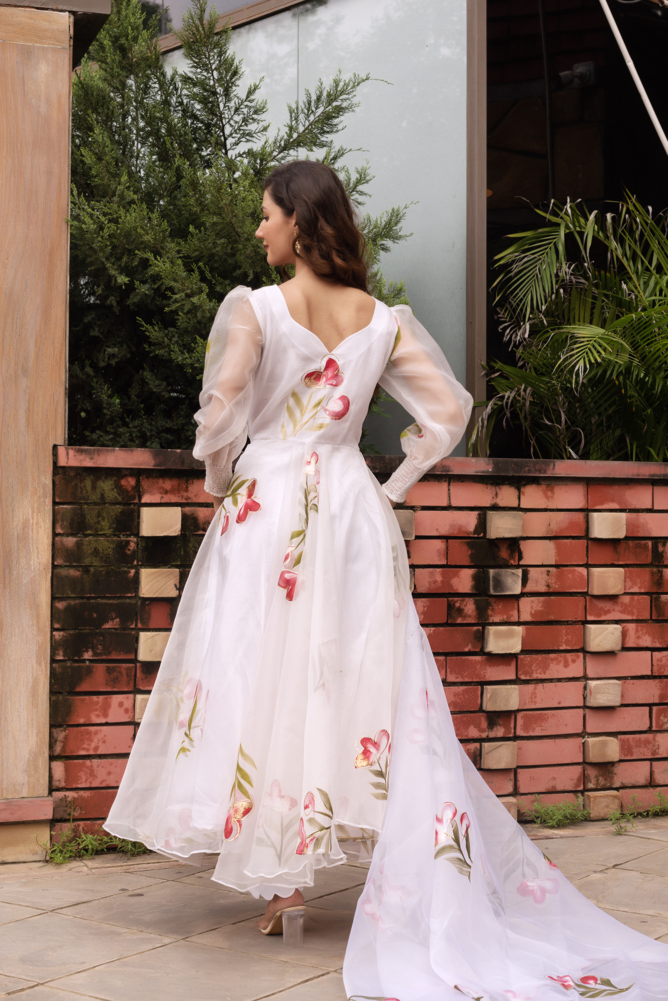 Snow White Handpainted Organza Anarkali Suit Set