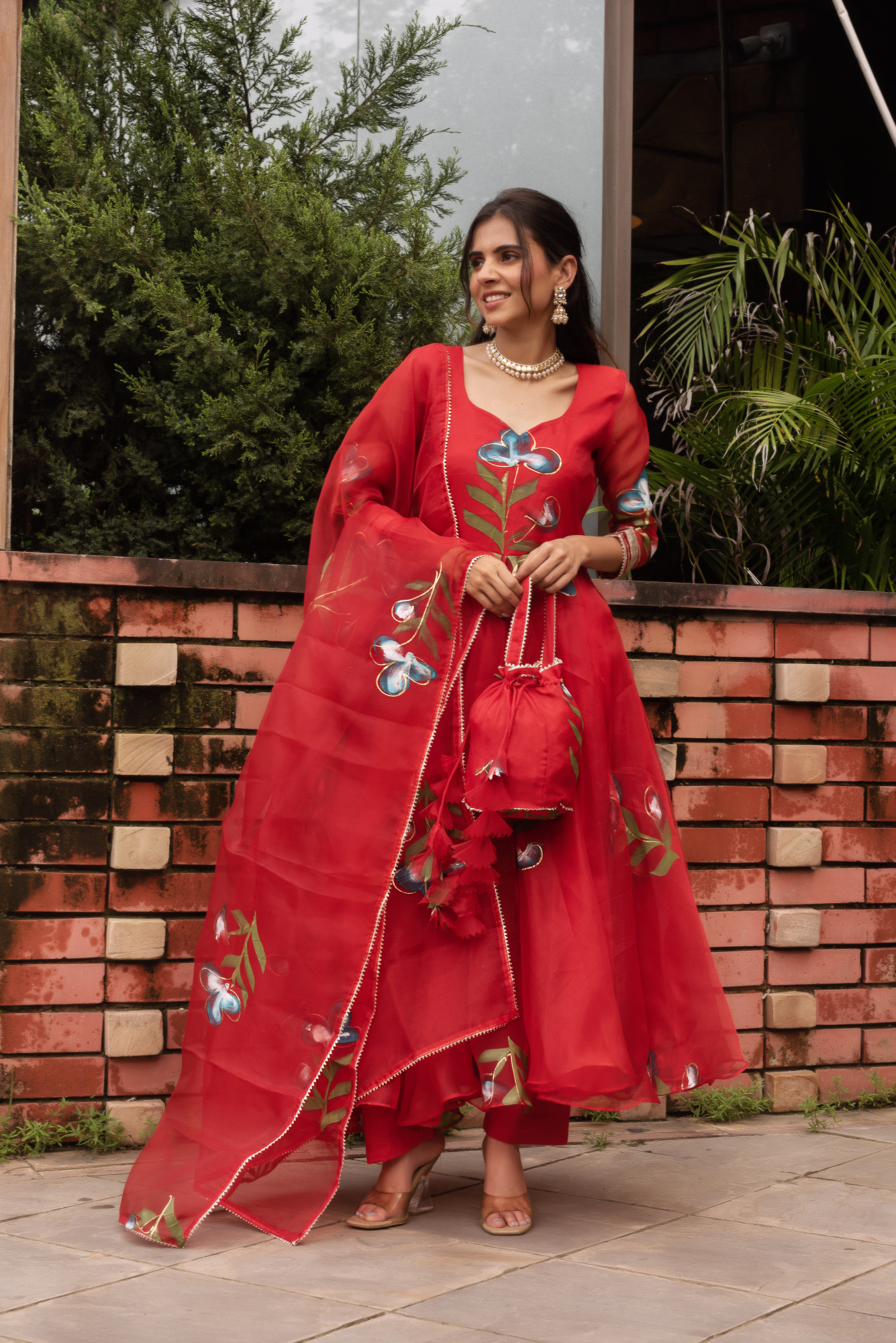 Red Handpainted Organza Anarkali Suit Set