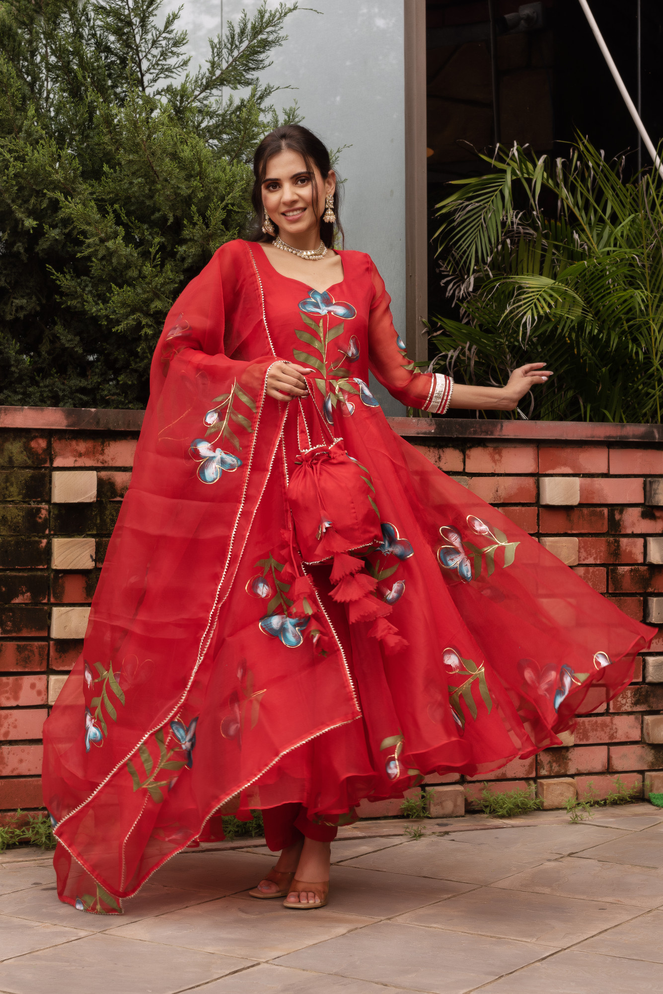 Red Handpainted Organza Anarkali Suit Set