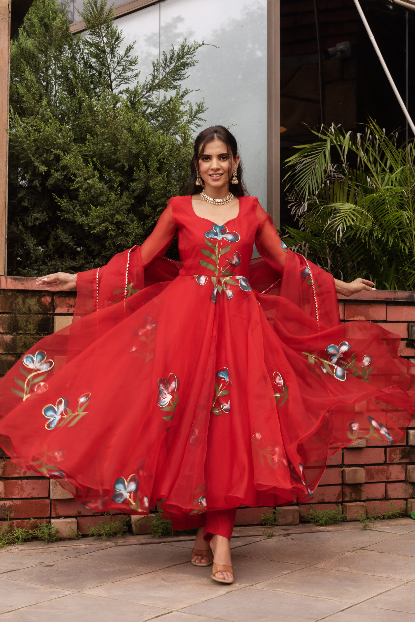 Red Handpainted Organza Anarkali Suit Set