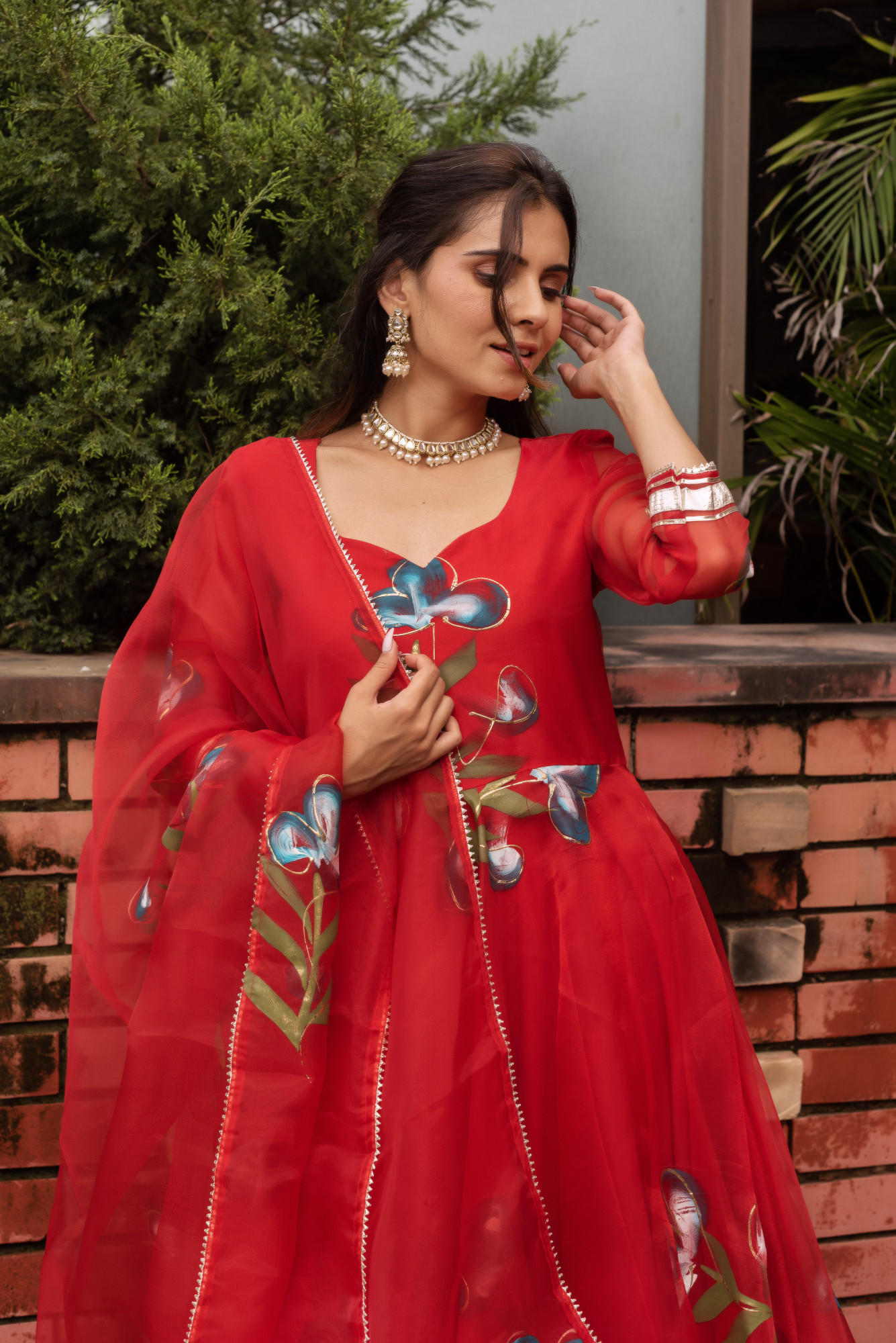 Red Handpainted Organza Anarkali Suit Set