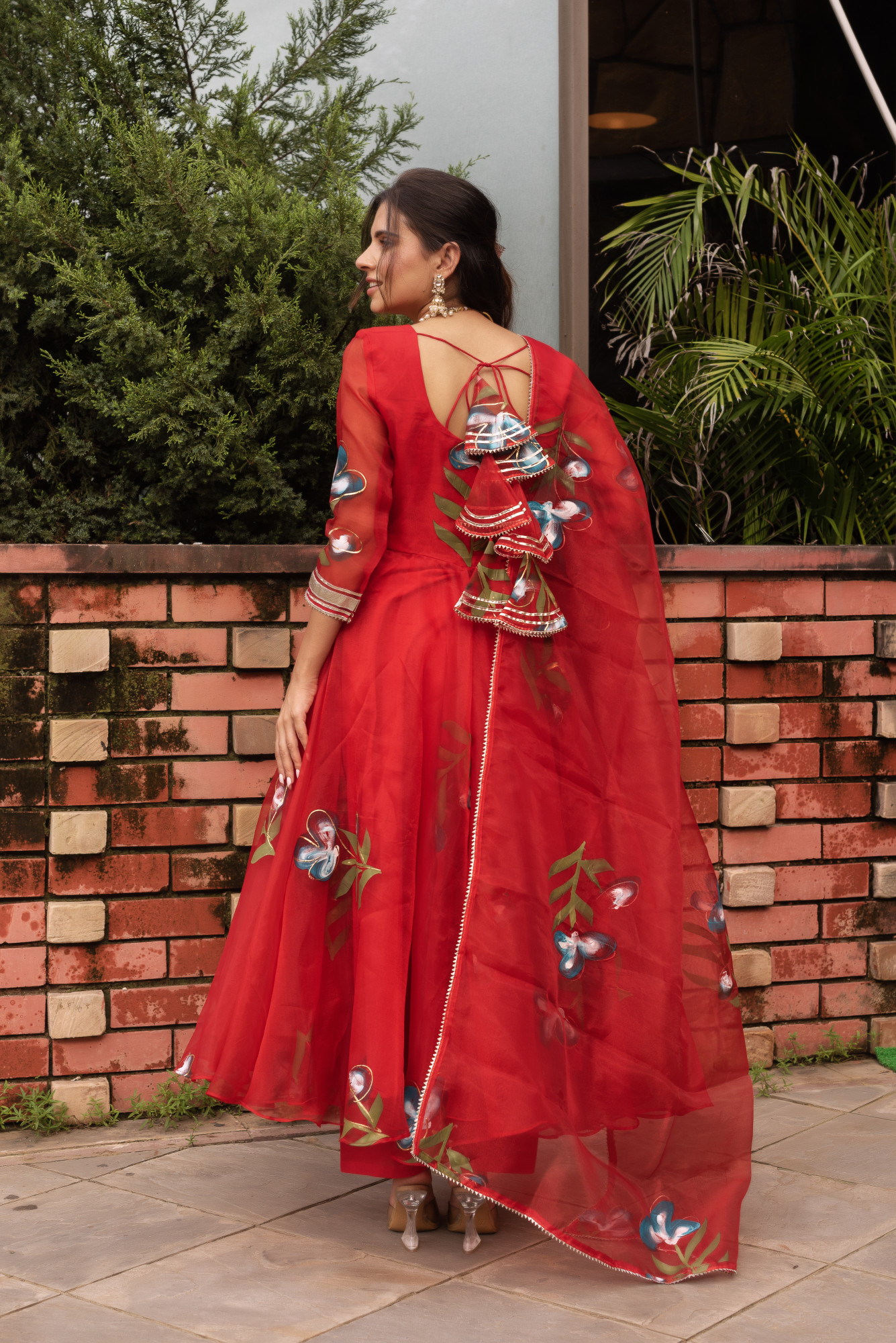 Red Handpainted Organza Anarkali Suit Set