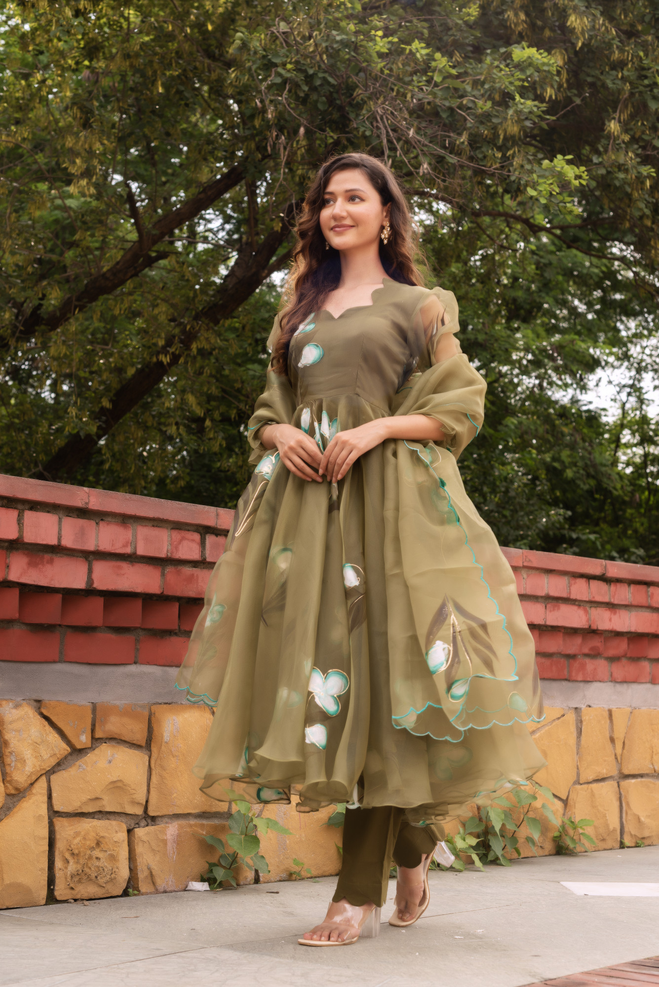 Olive Green Organza Anarkali Suit Set