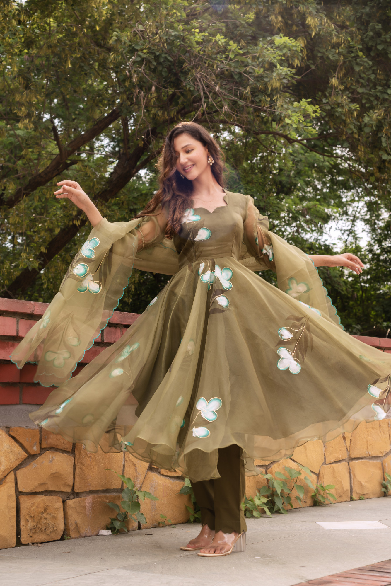 Olive Green Organza Anarkali Suit Set