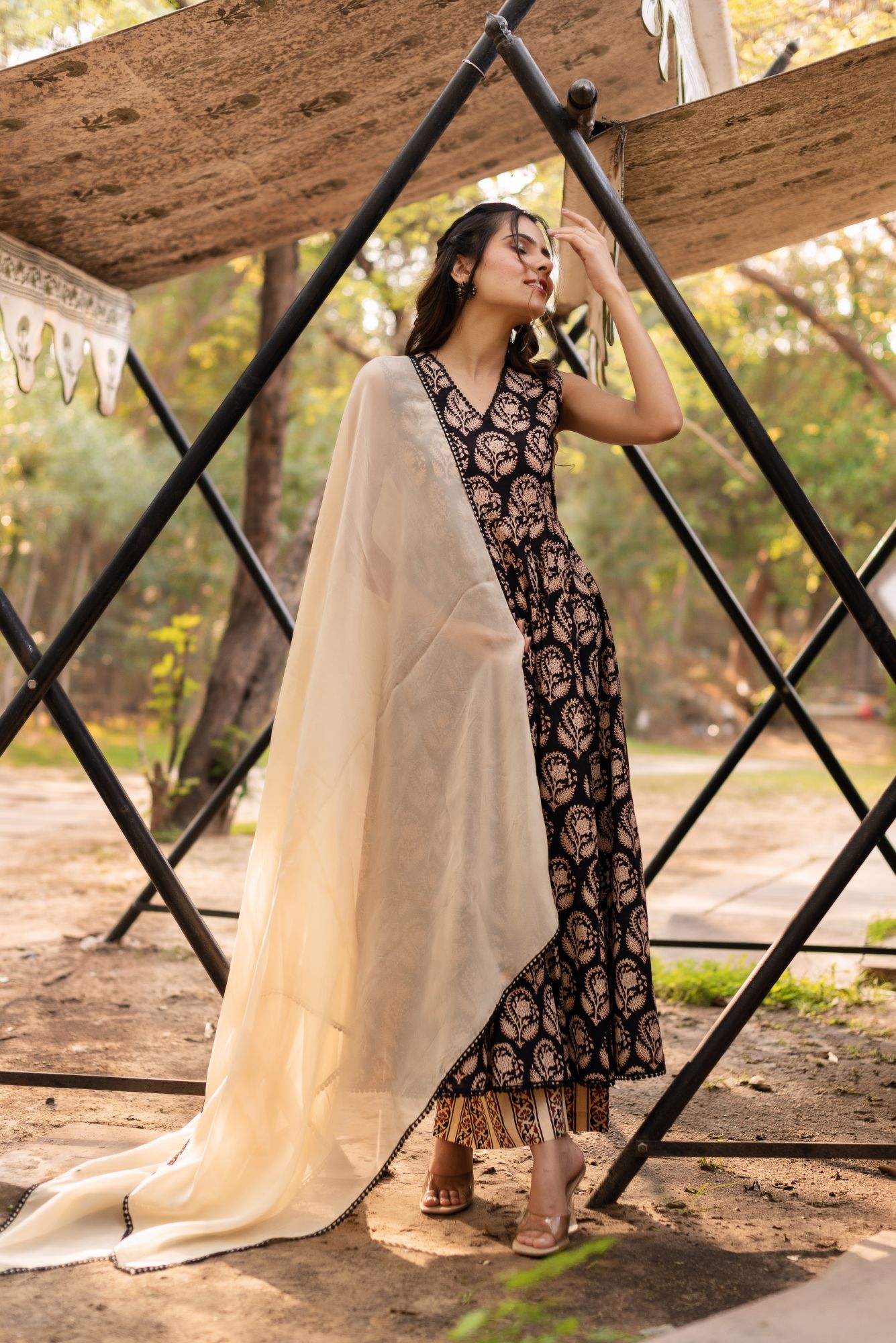 White And Black Dabbu Print Cotton Kurta Set