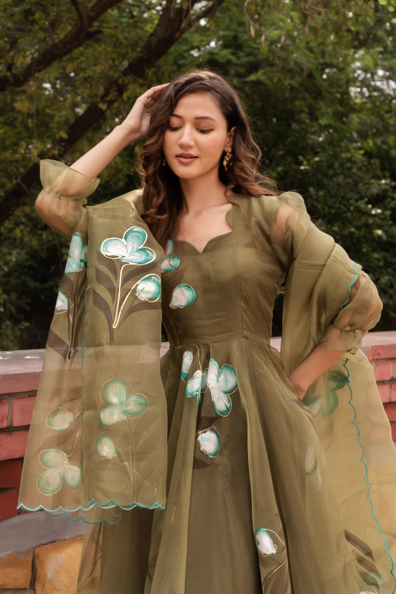 Olive Green Organza Anarkali Suit Set
