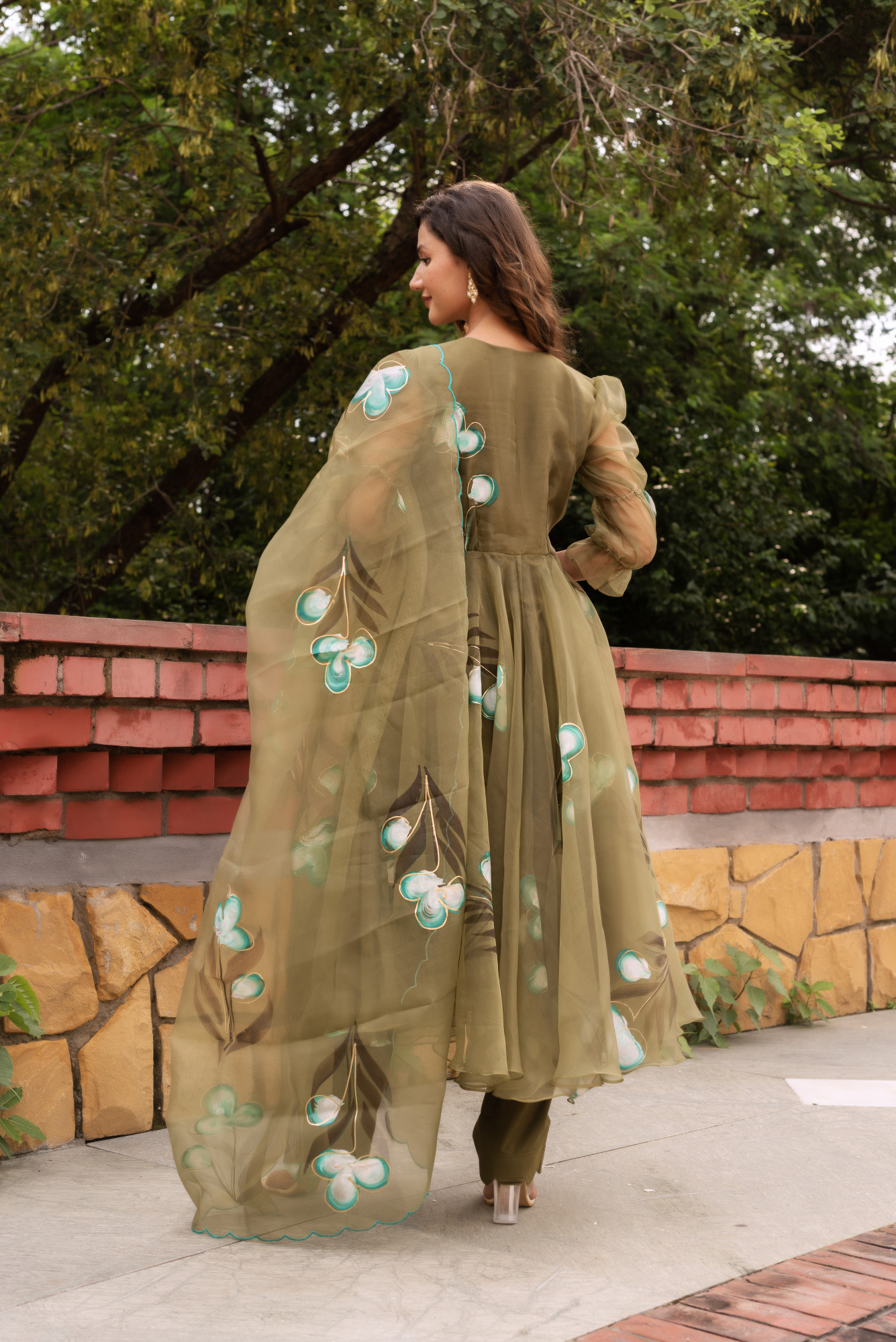 Olive Green Organza Anarkali Suit Set