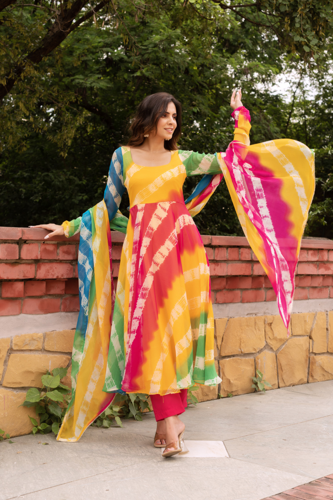 Multicolour Lehriya Chiffon Anarkali Suit Set