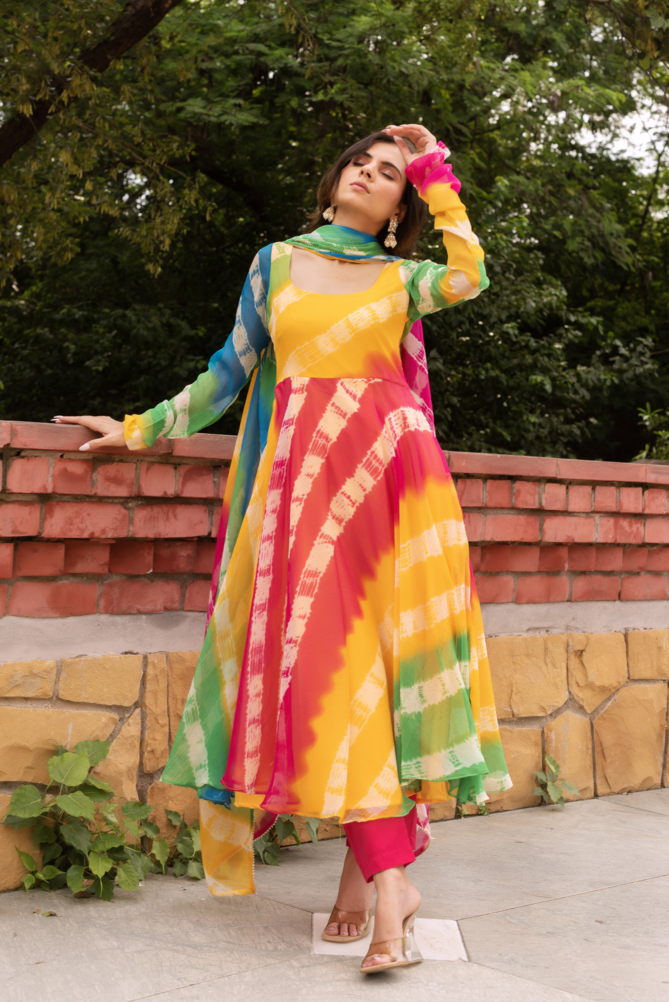 Multicolour Lehriya Chiffon Anarkali Suit Set