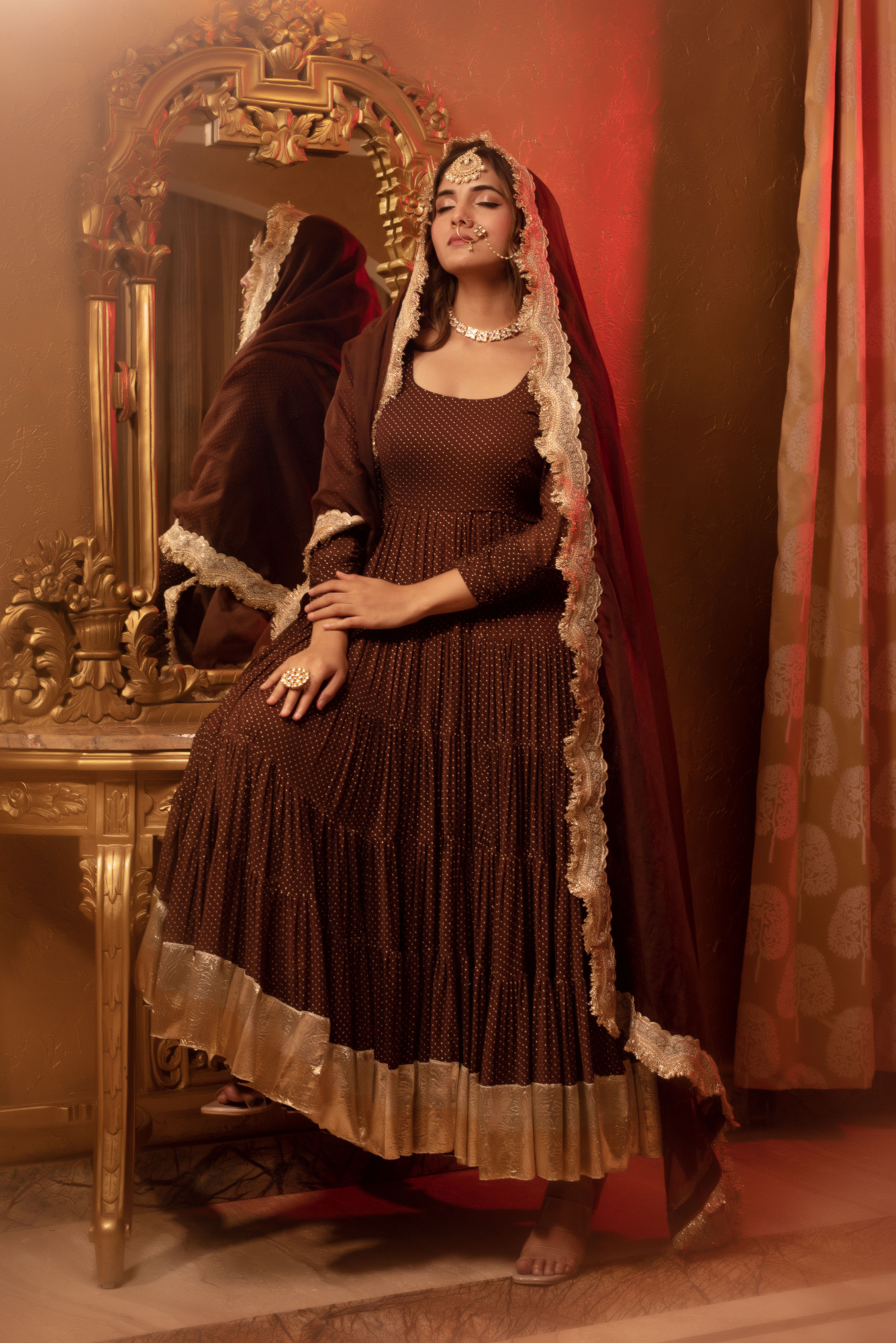 Brown Berry Embelished Anarkali Suit Set